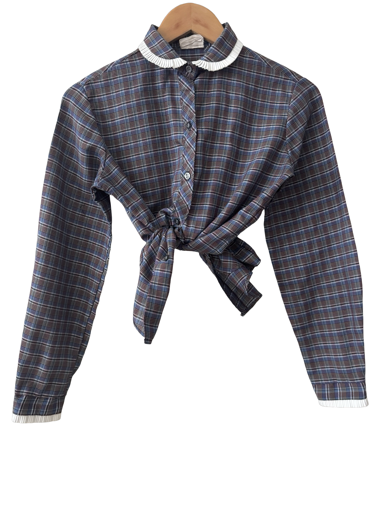 Vintage 80s Plaid Frill Trim Button Up (S/M)