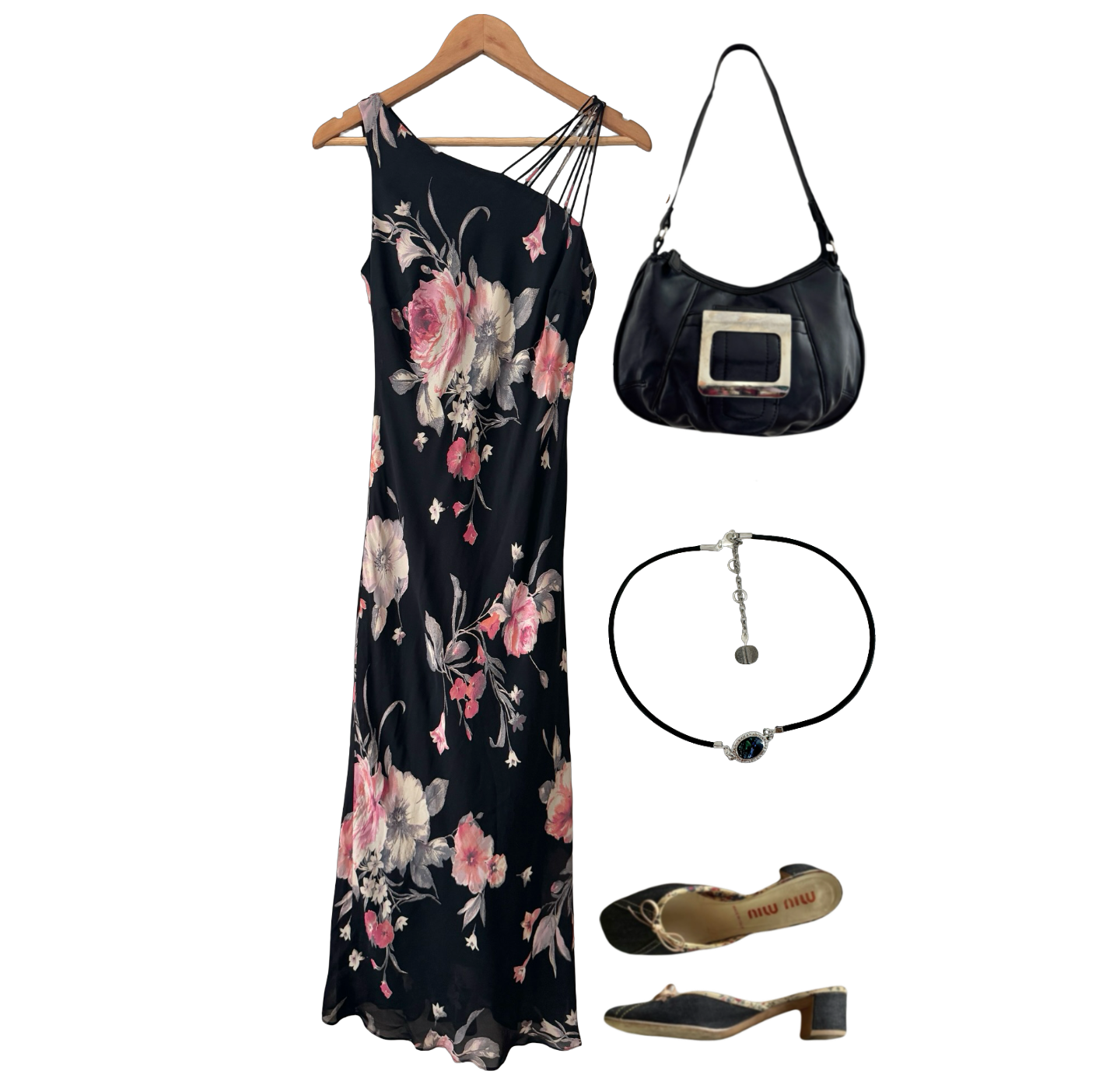 Vintage 90s Romantic Floral One-Shoulder Maxi Dress (S/M)