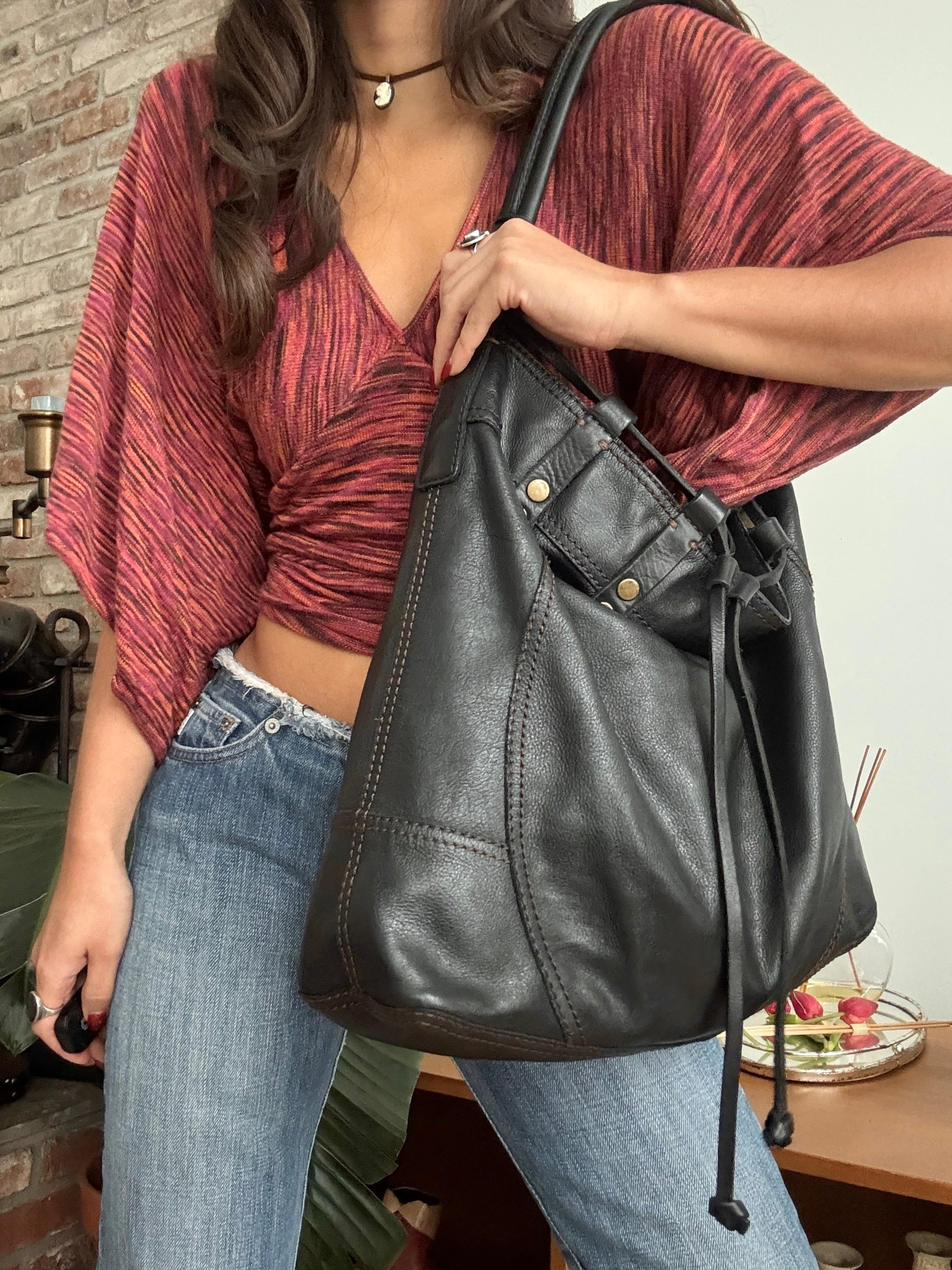 Vintage Y2K Lucky Brand Leather Drawstring Tote