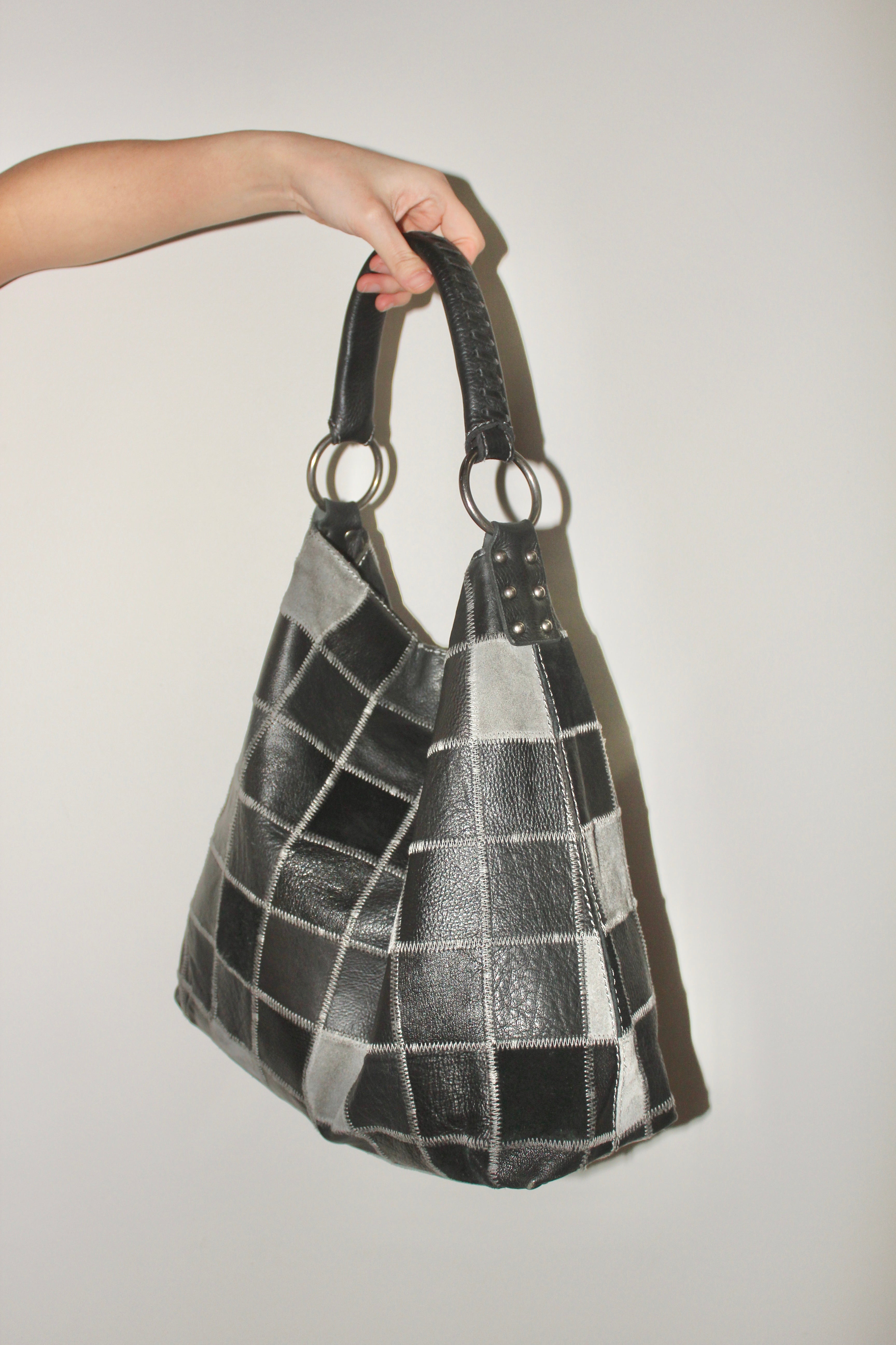 Vintage Leather Checkered Tote Bag