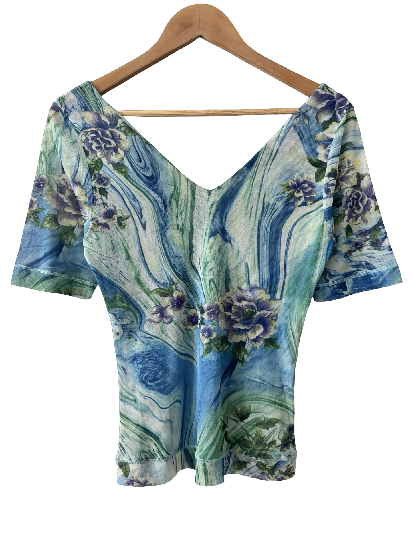 Vintage Y2K Ocean Marble Floral Gauzy Top (S/M)