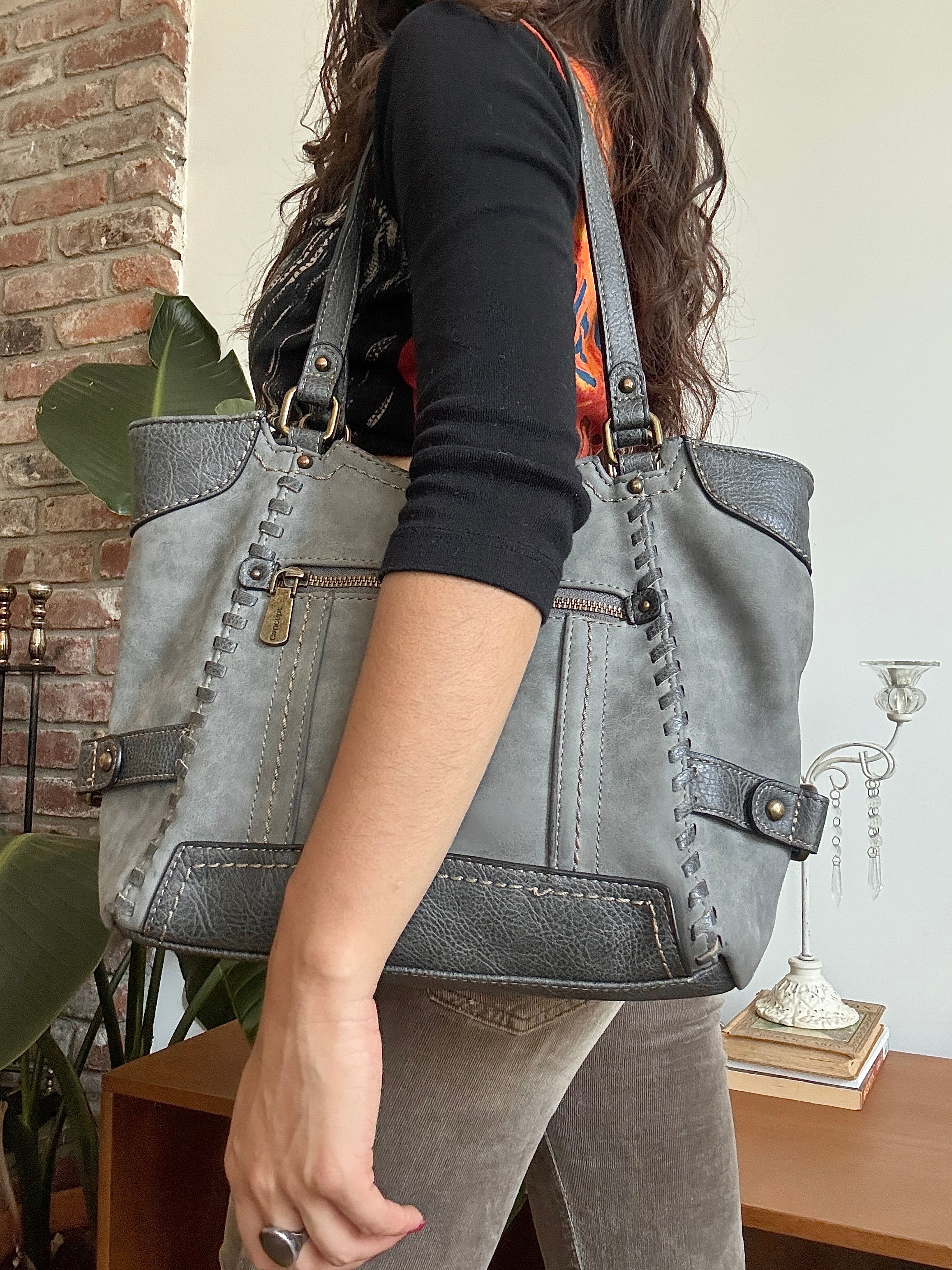 Vintage Y2K Storm Grey Whipstitch Tote