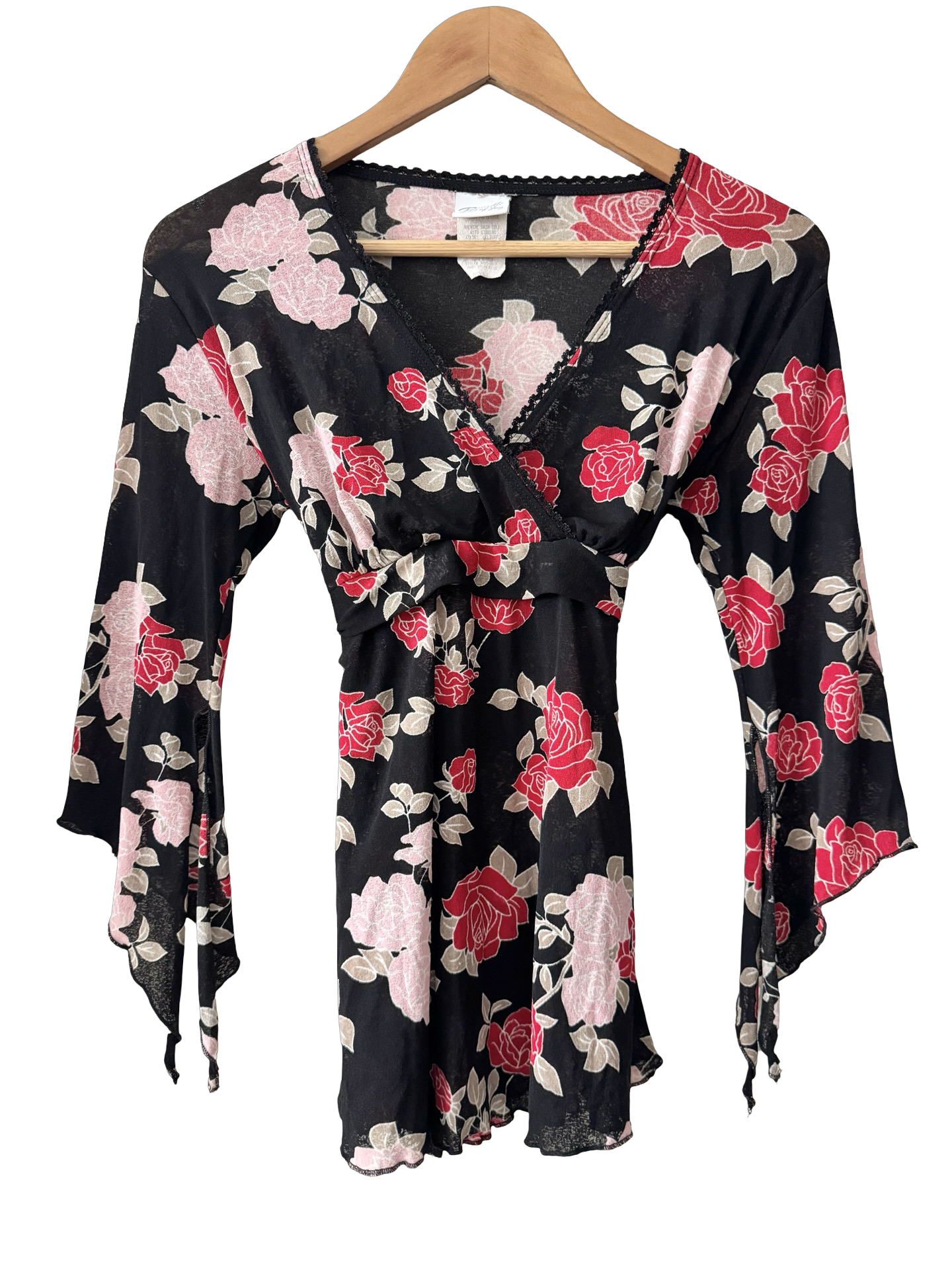 Vintage 90s Rose Noir Tie Bell Sleeve Top (M)