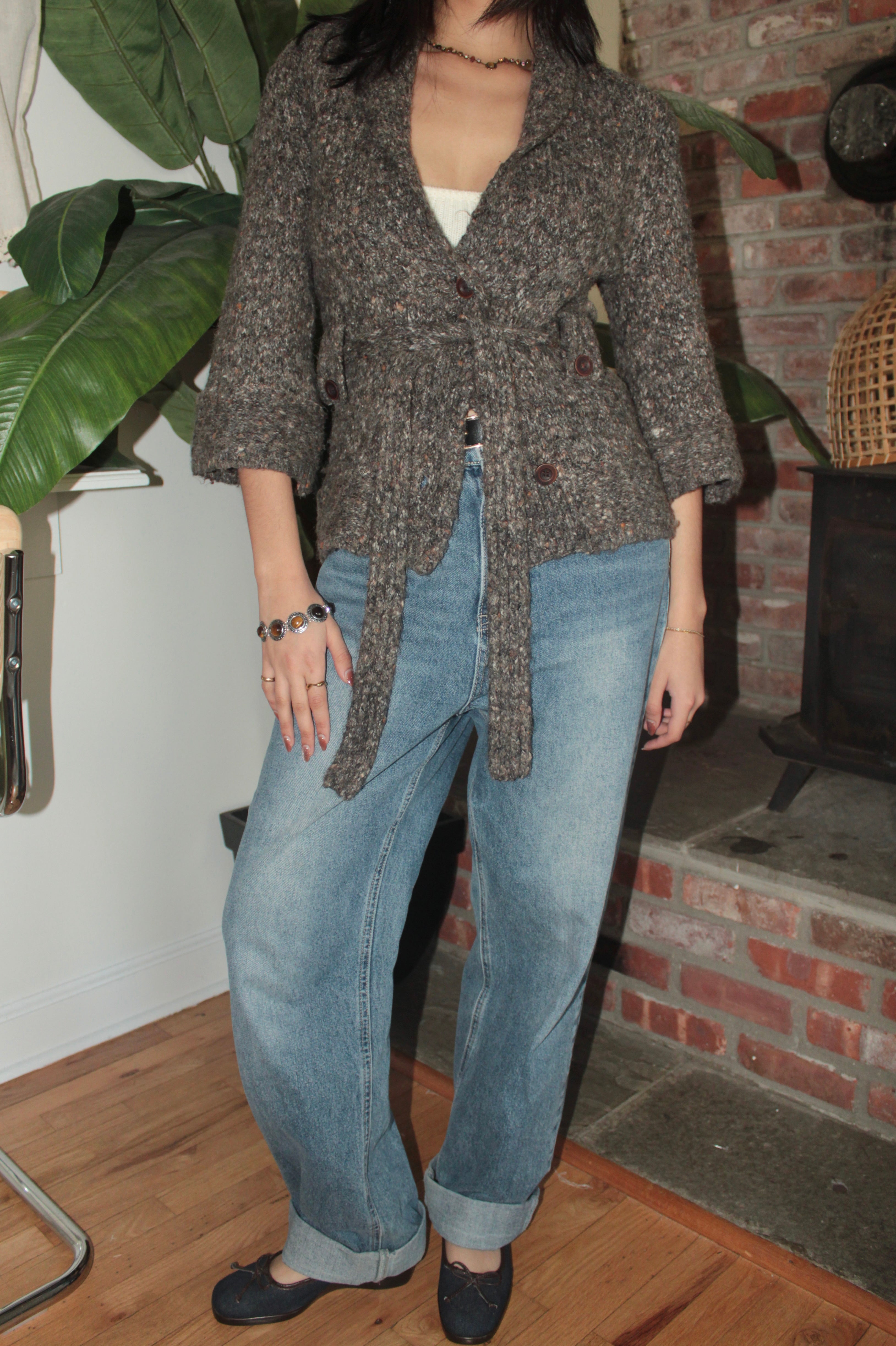 Vintage 90s Heathered Cocoa Belted Knit Cardigan (S/M)