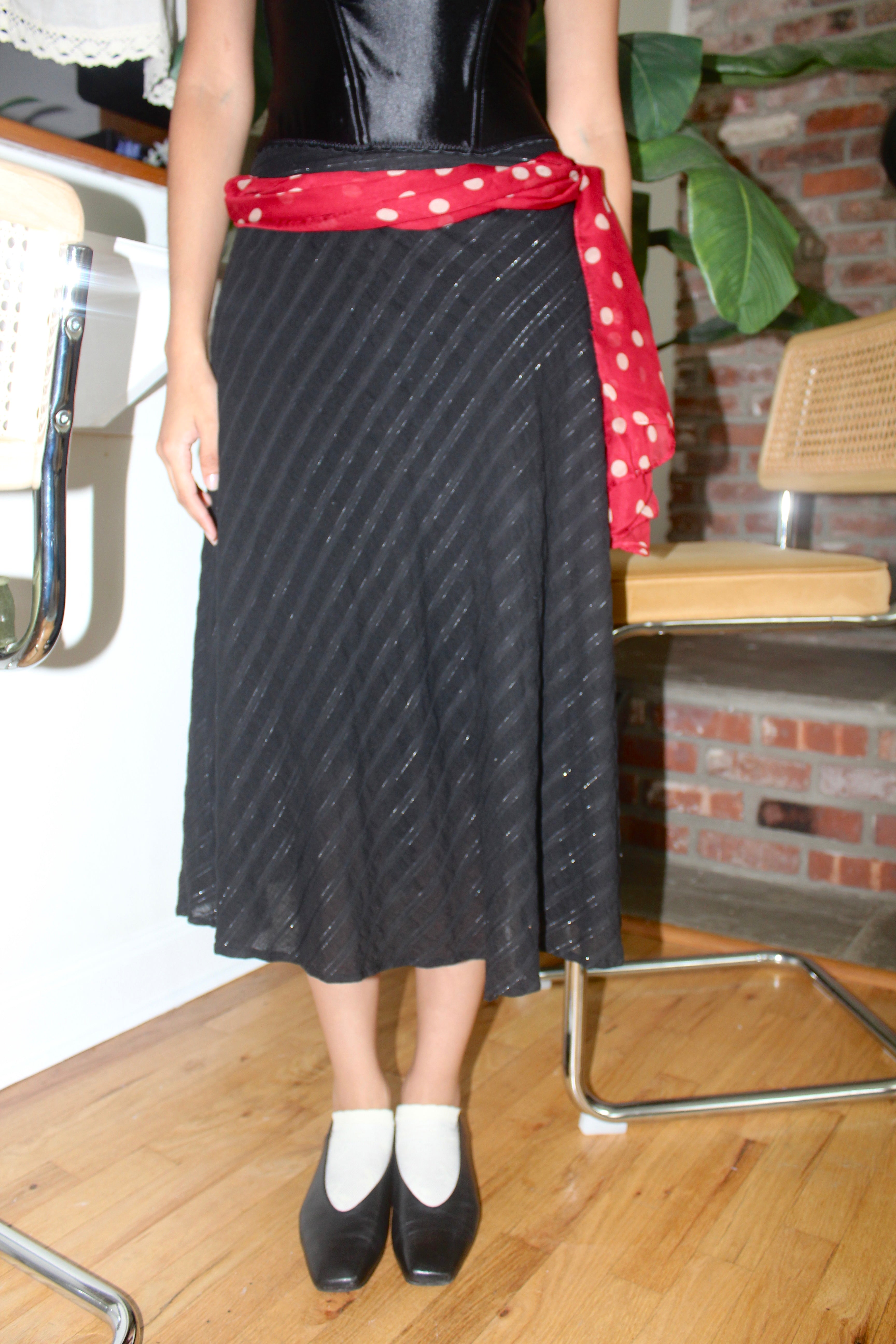 Vintage 90s Pinstriped Midi Skirt w Cherry Dotted Belt (S)
