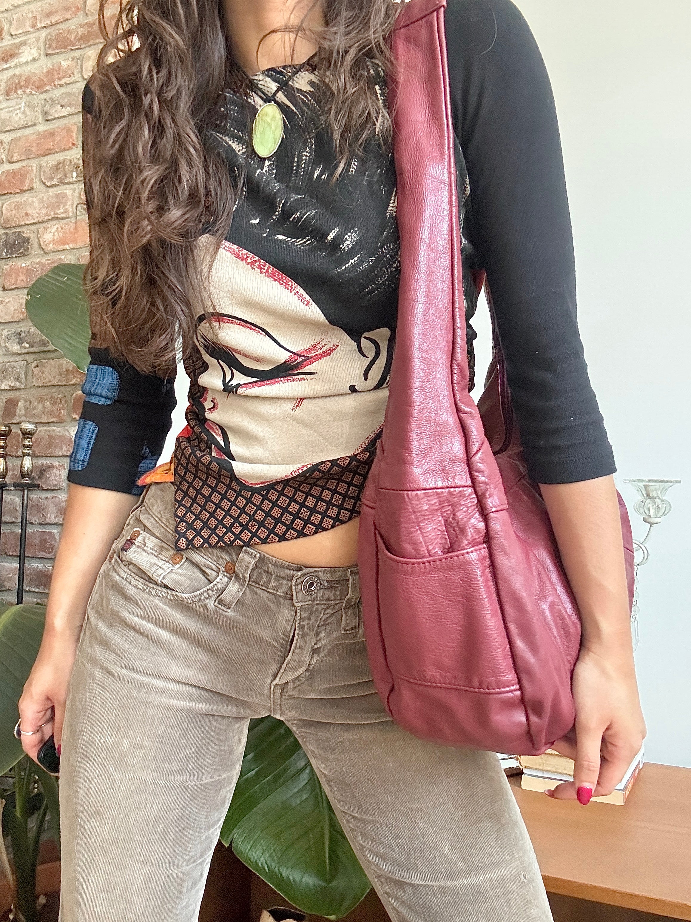 Vintage Y2K Merlot Slouch Leather Hobo