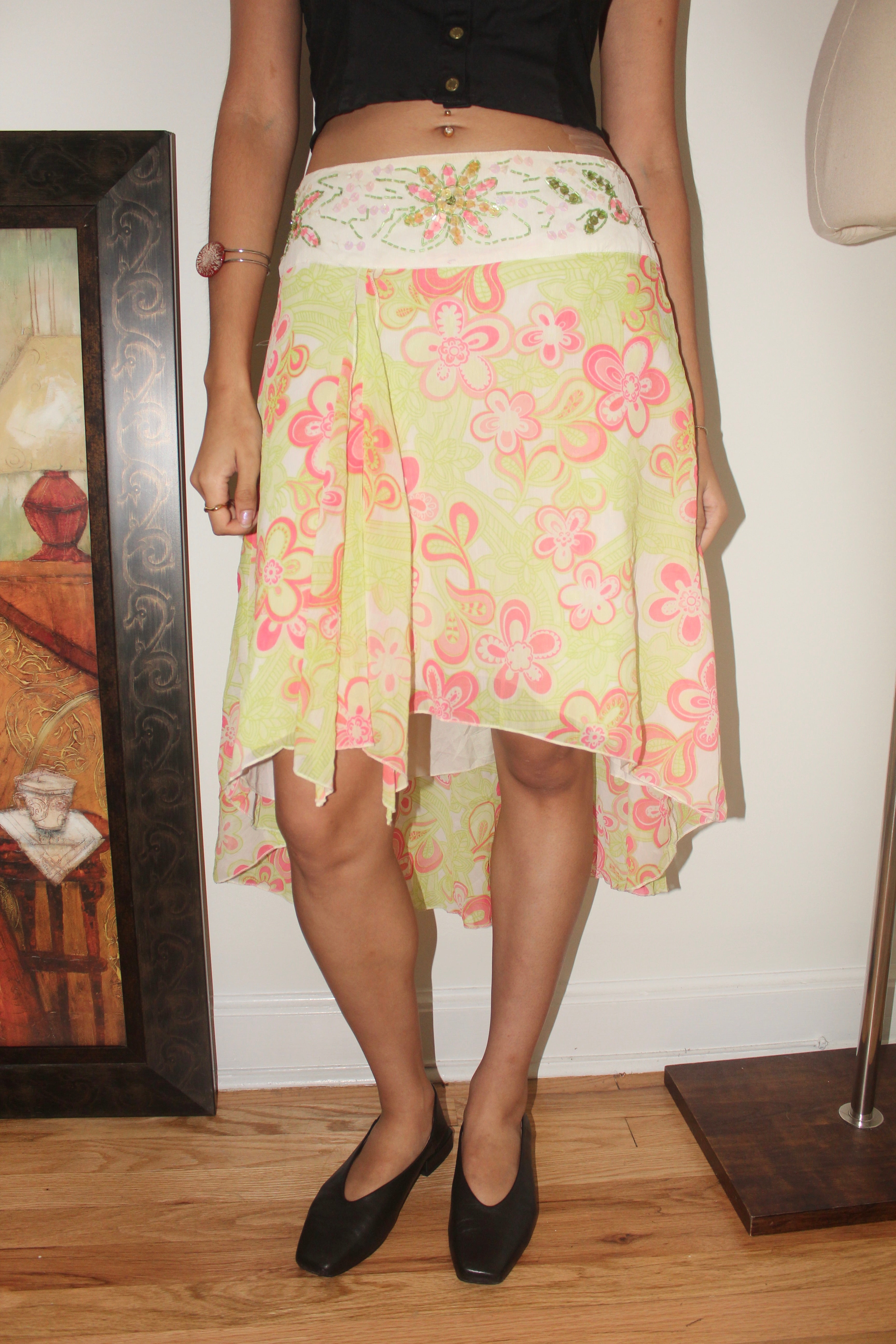 Vintage 90s Beaded Floral Asymmetrical Midi Skirt (S)
