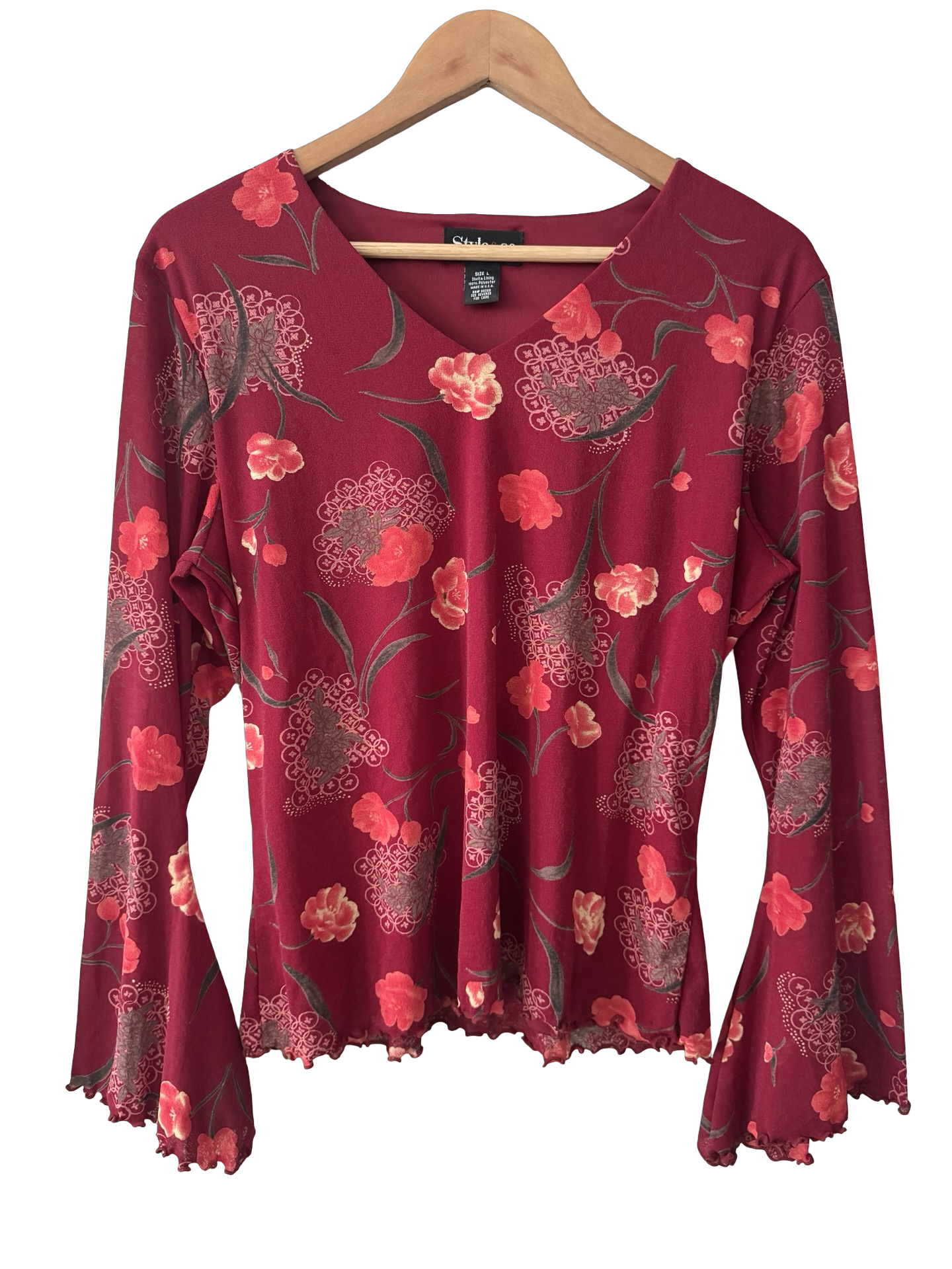 Vintage Y2K Crimson Garden Flared Sleeve Top (XL)