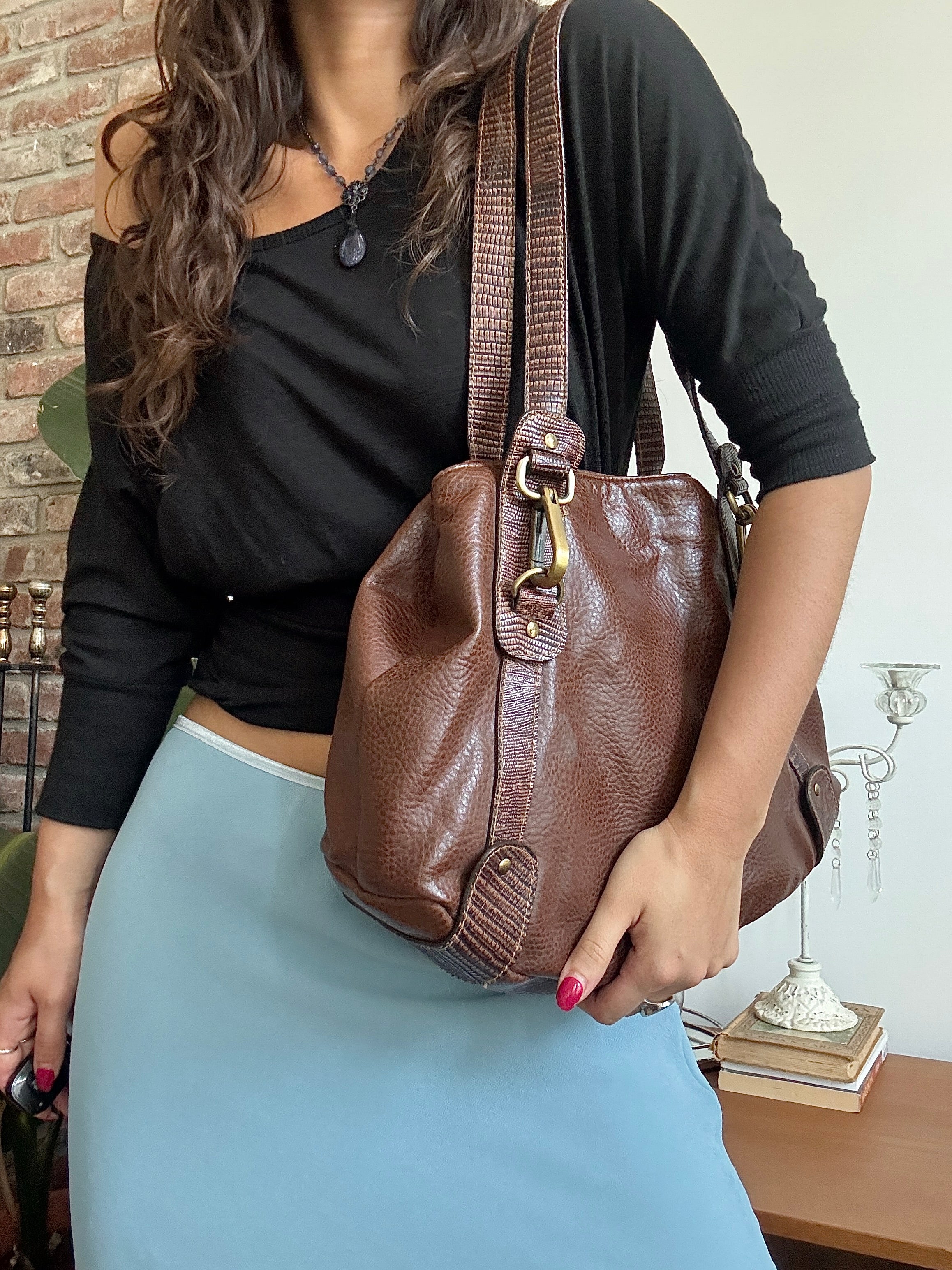 Vintage Y2K Chocolate Buckle-Up Slouch Tote