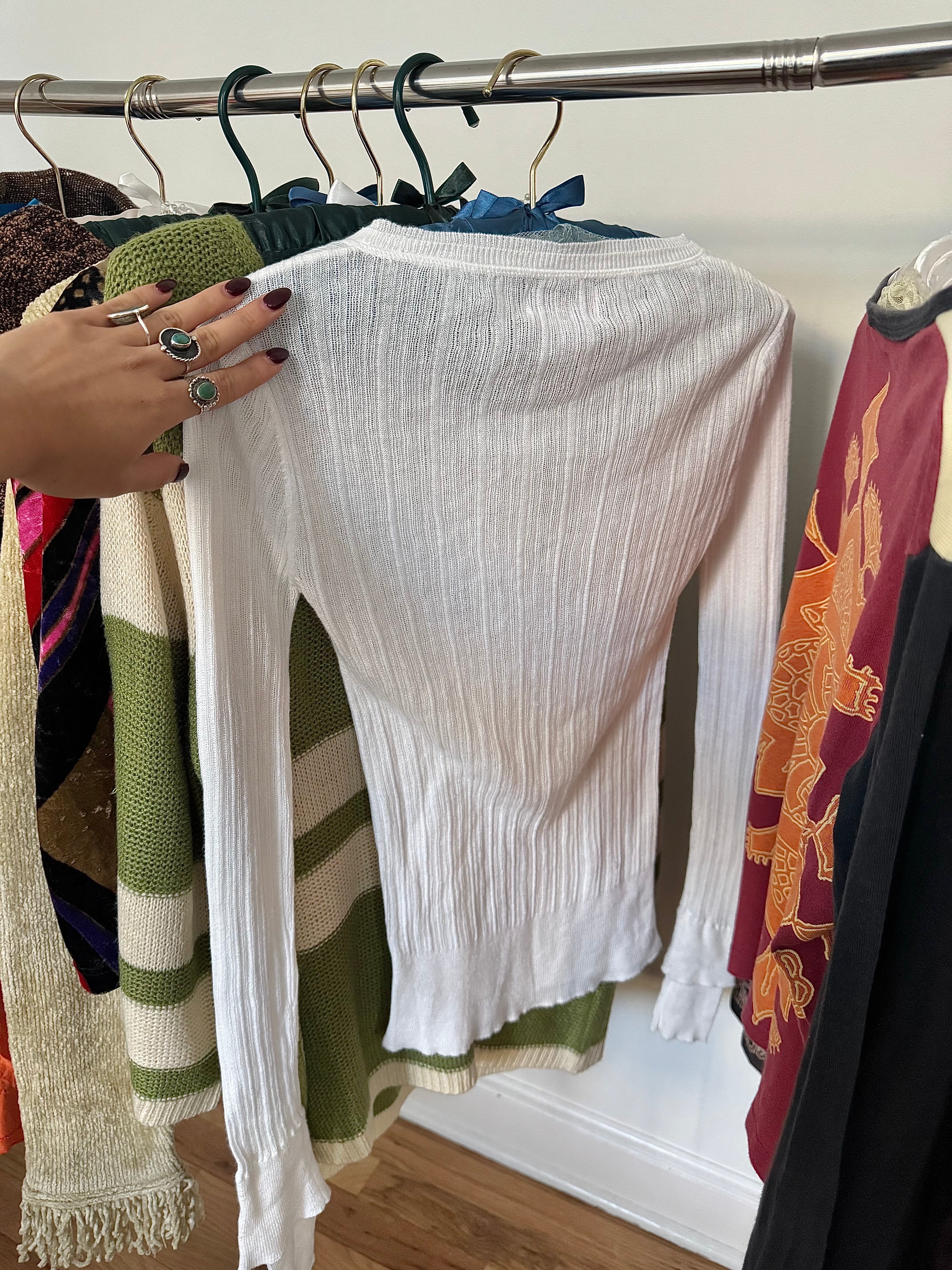 Vintage 2000s White Ribbed Henley Top (M)