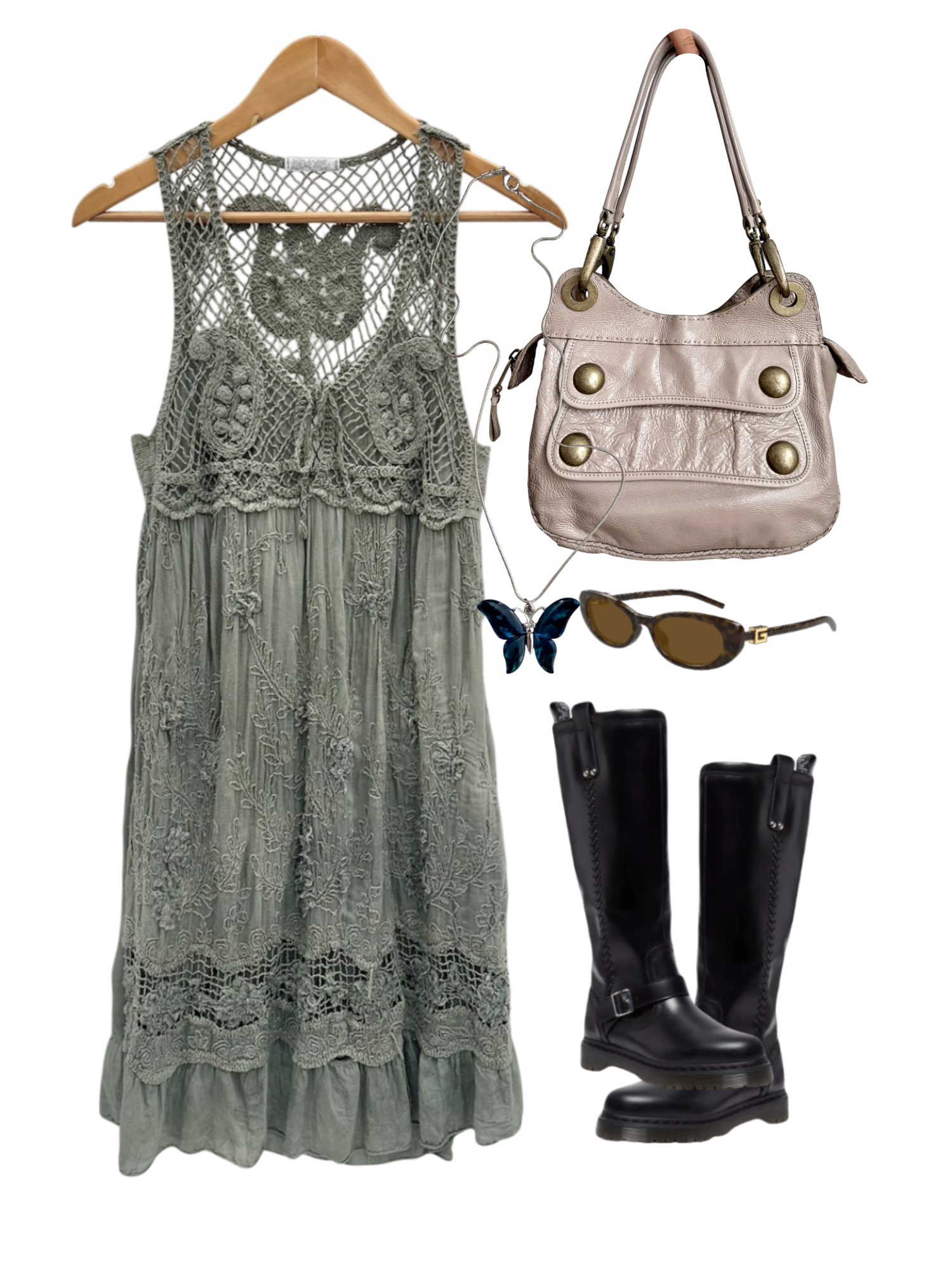 Vintage  90s Boho Moss Crochet Dress (S/M)