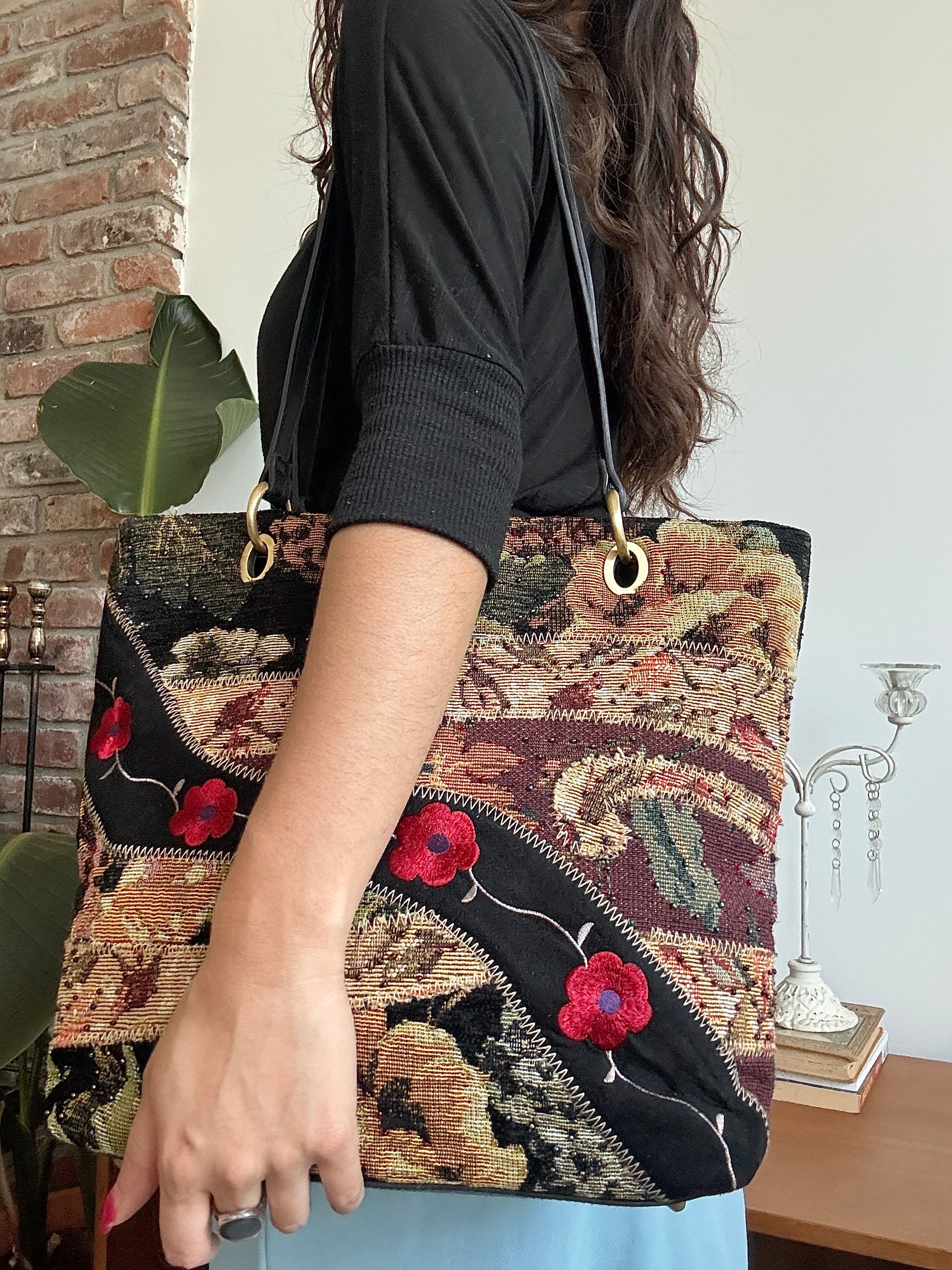 Vintage 90s Bohemian Bloom Tapestry Tote