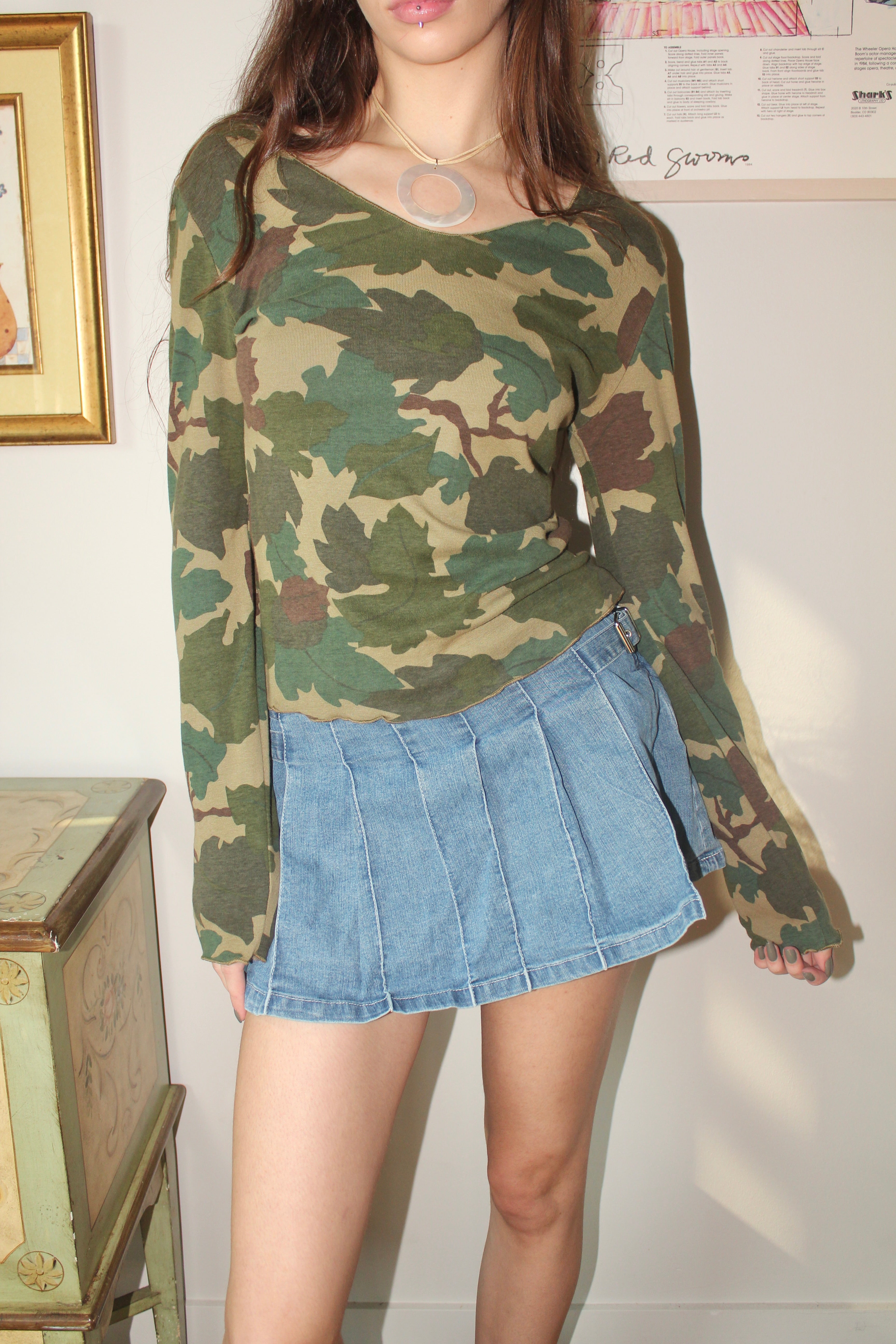 Vintage 90s Camo Lettuce Edge Knit Top (S/M)