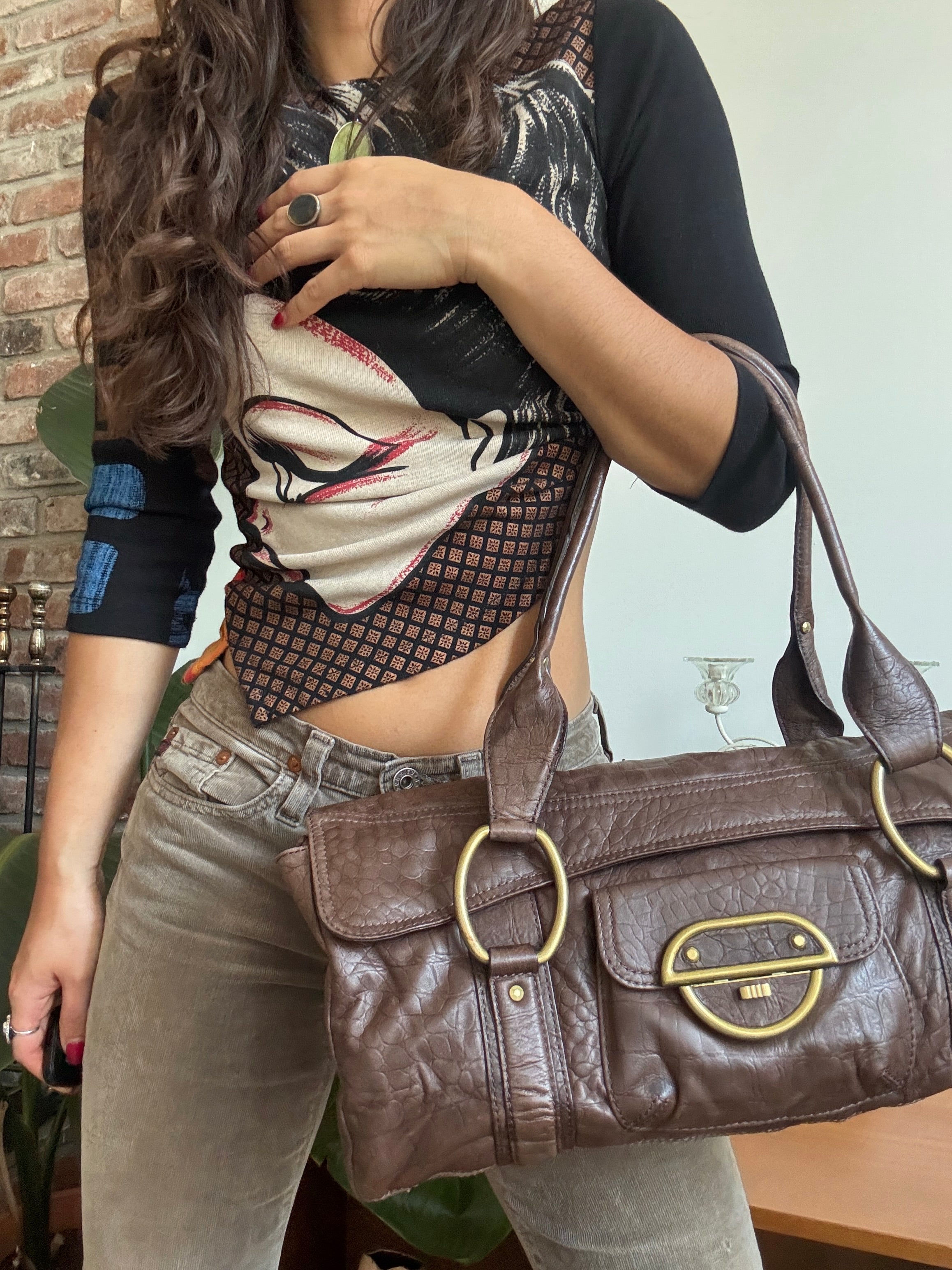 Vintage Y2K Slouch Chocolate Croc Leather Satchel