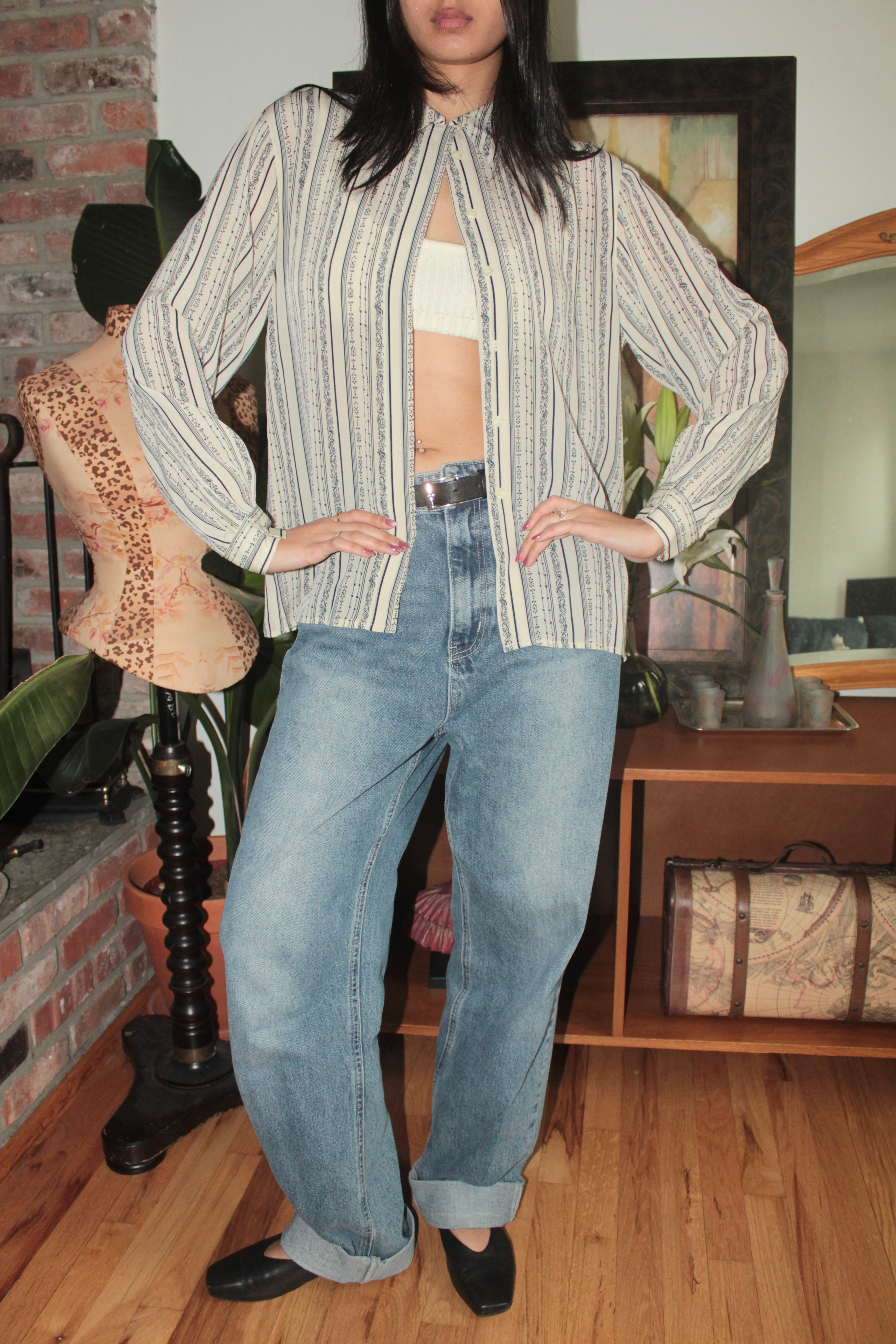 Vintage Cream & Blue Floral Striped Blouse (M)