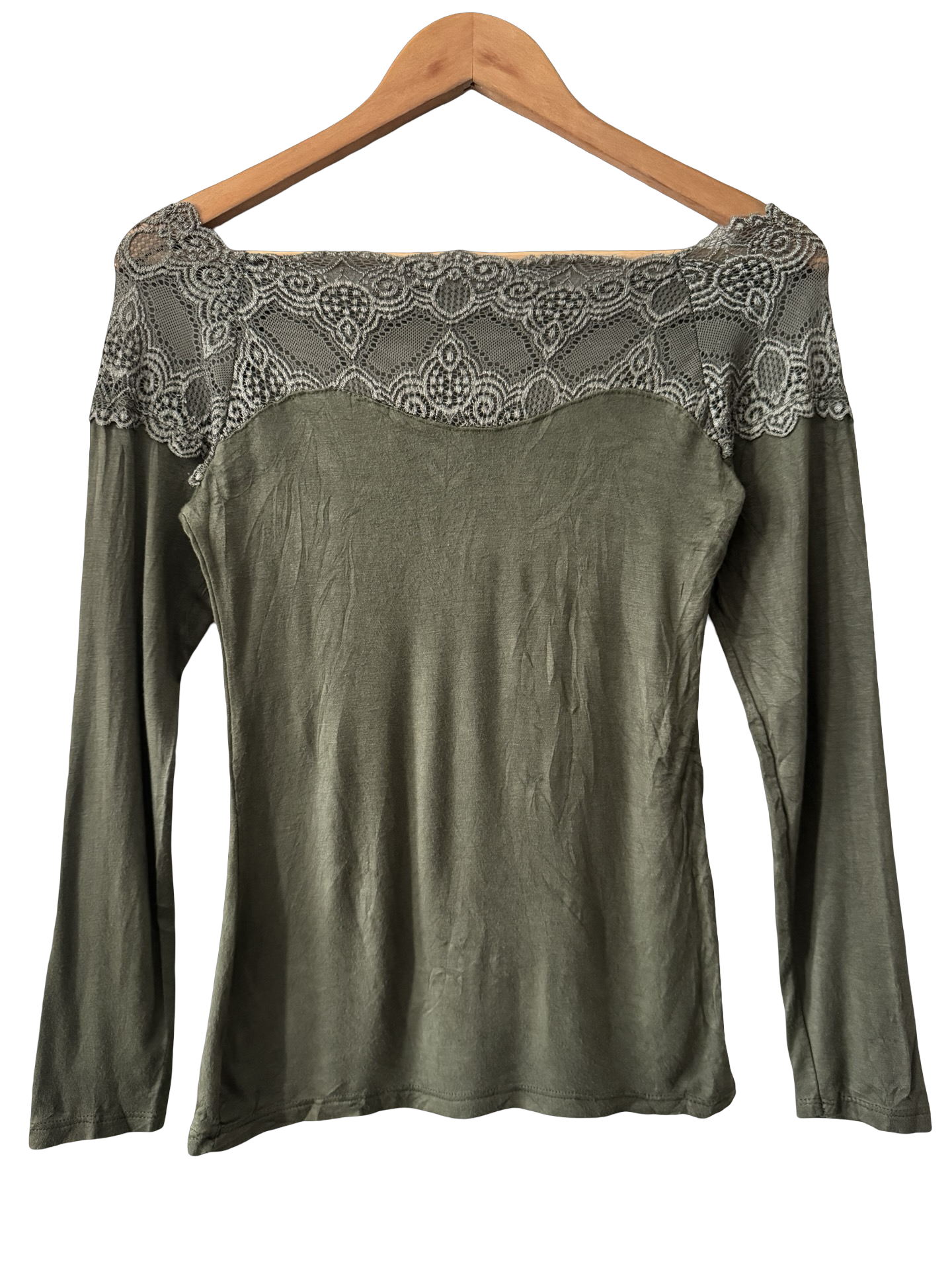 Vintage Y2K Olive Lace Romance Off-Shoulder Top (M)