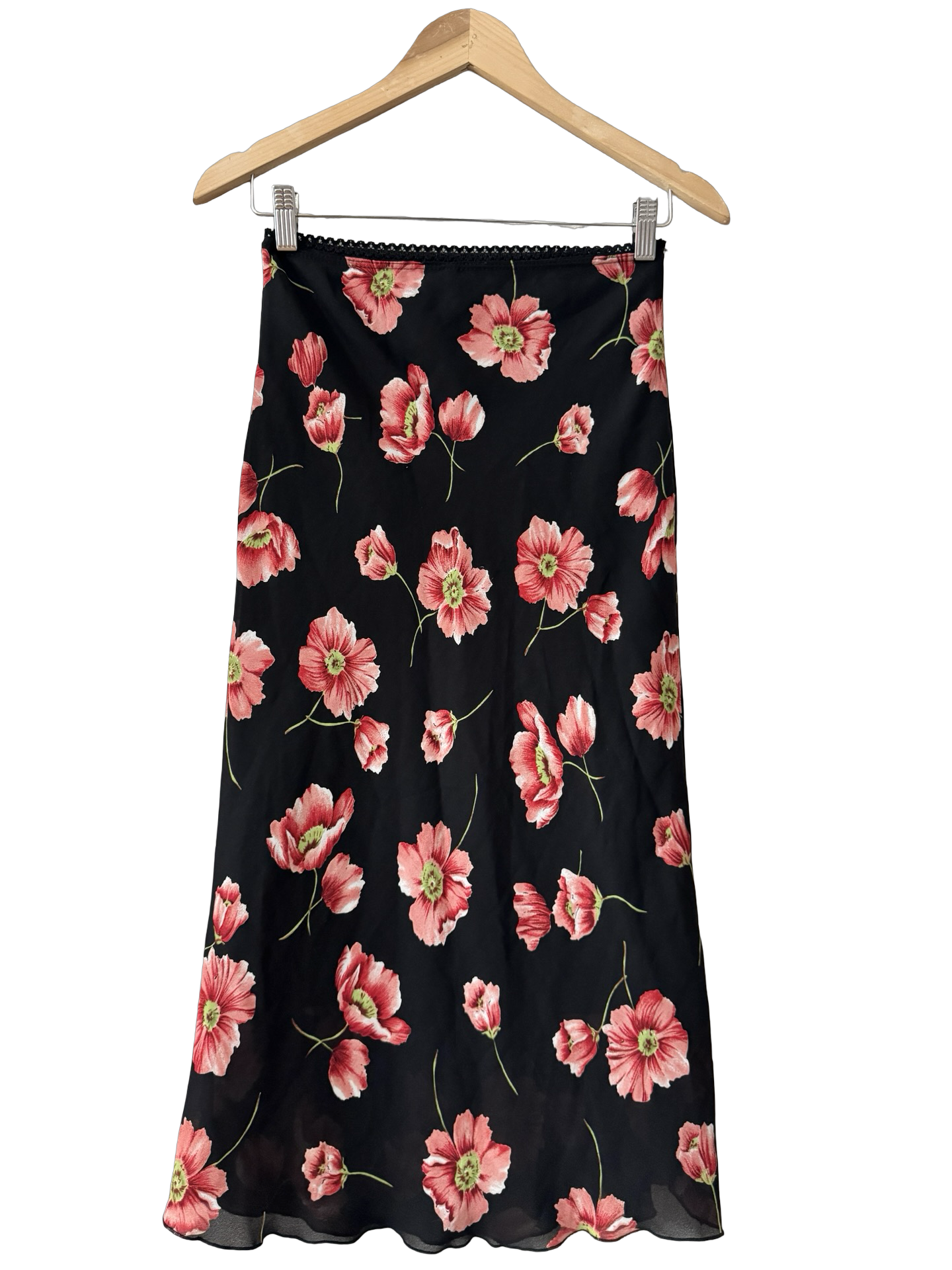 Vintage 90s Black Poppy Floral Maxi Skirt  (XS/S)