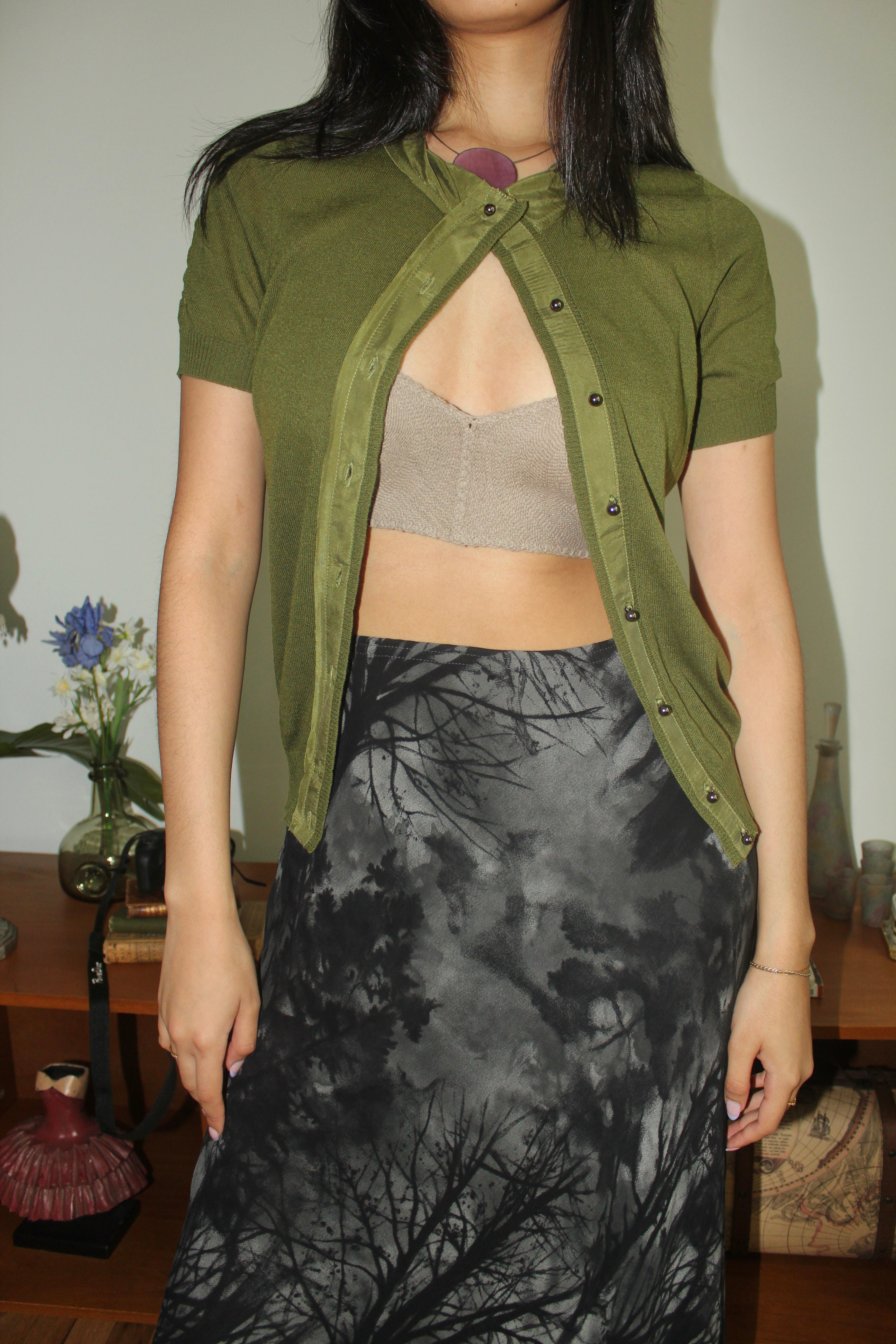 Vintage Y2K Olive Sheer Button-Up Cardigan (S)