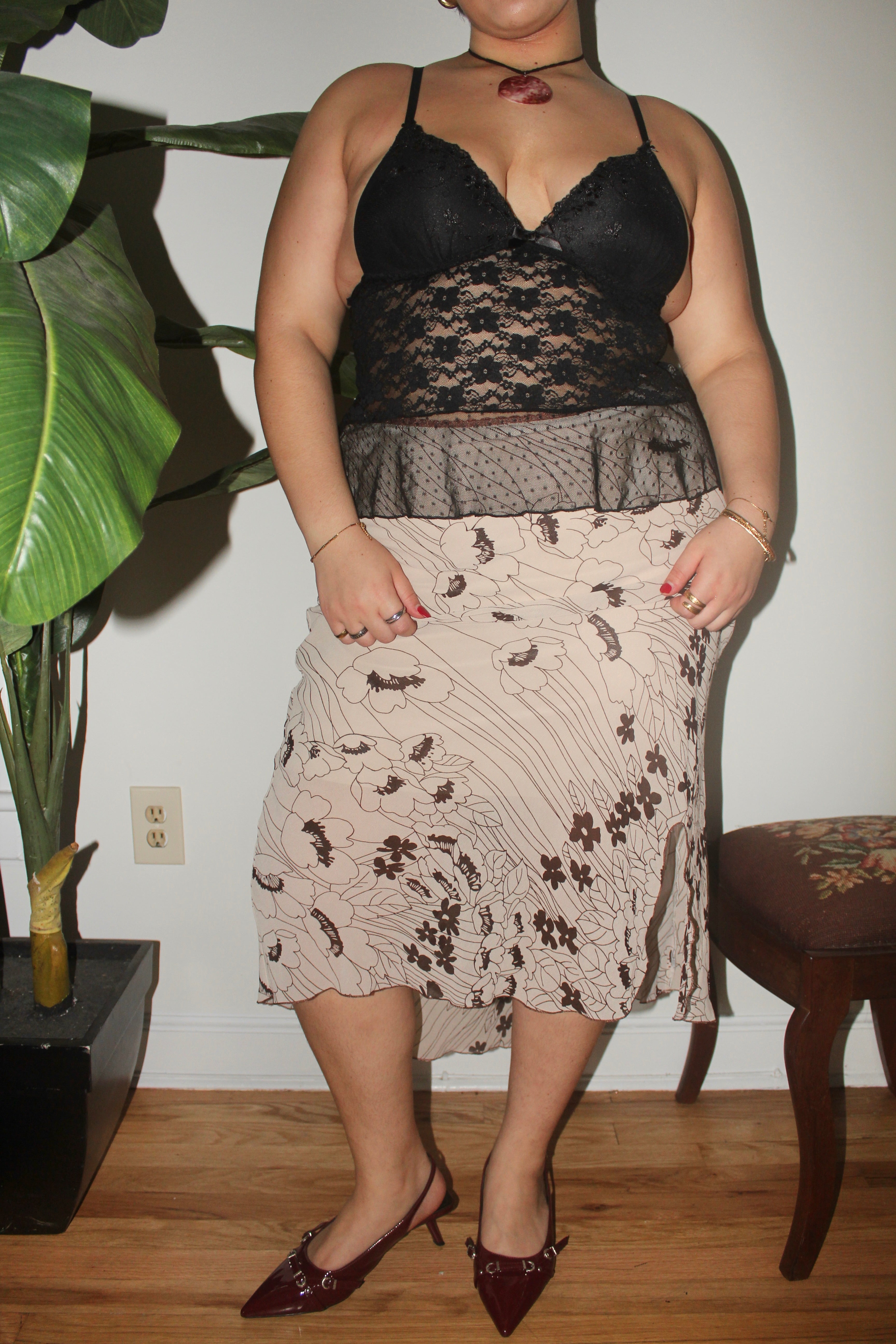 Vintage 90s Floral Taupe Midi Skirt (XL)