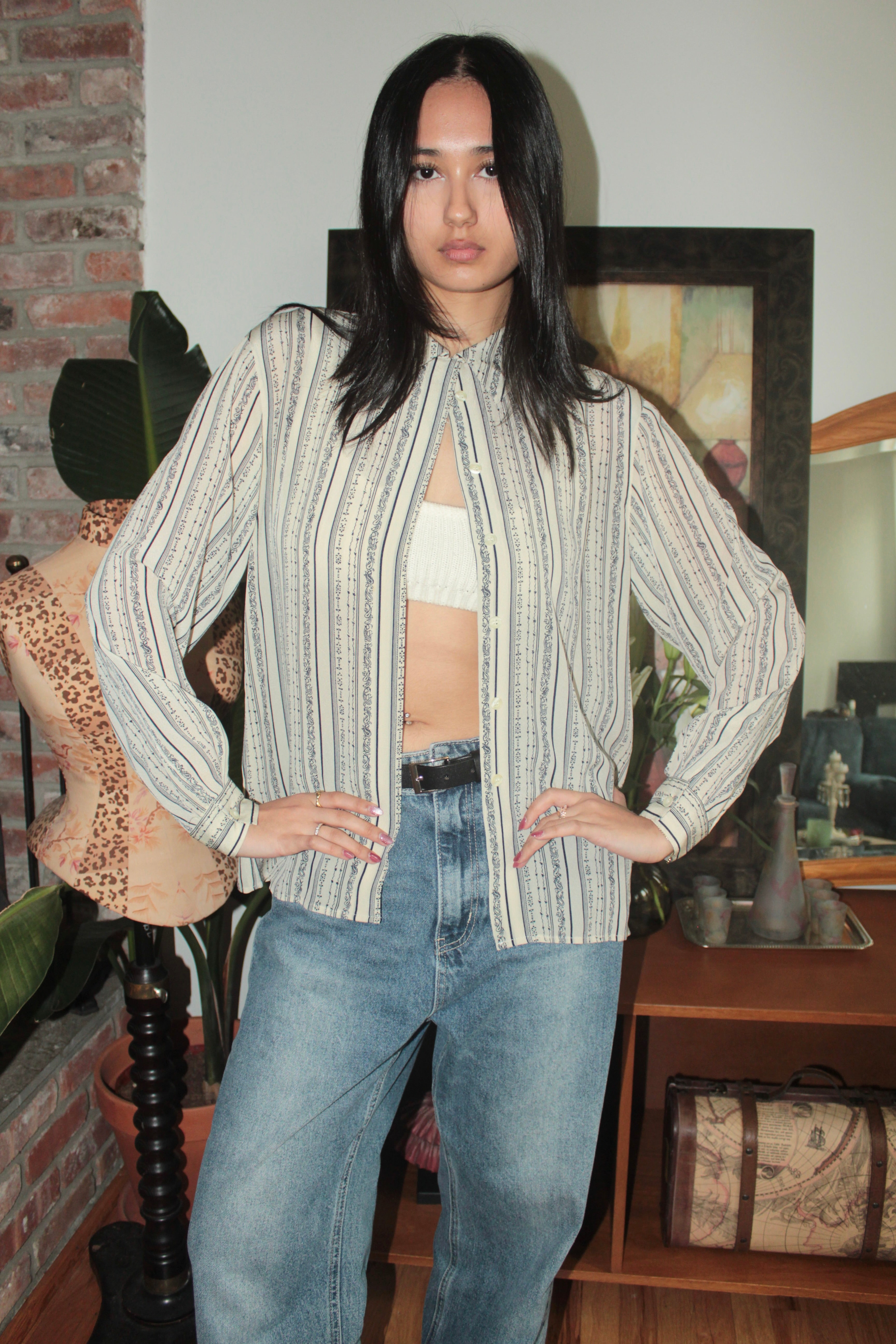 Vintage Cream & Blue Floral Striped Blouse (M)