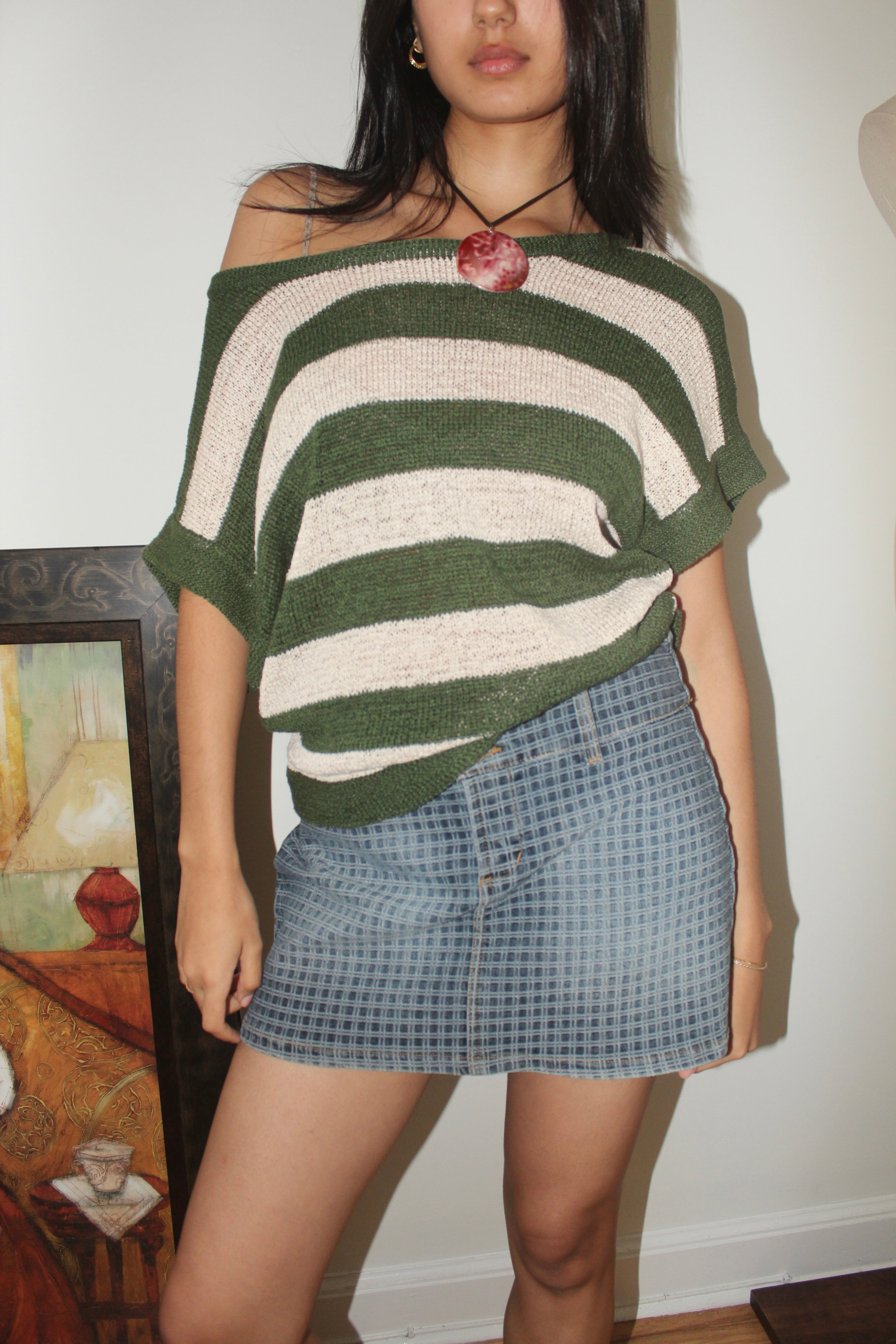 Vintage Retro Chunky Striped Short Sleeve Knit (S/M)