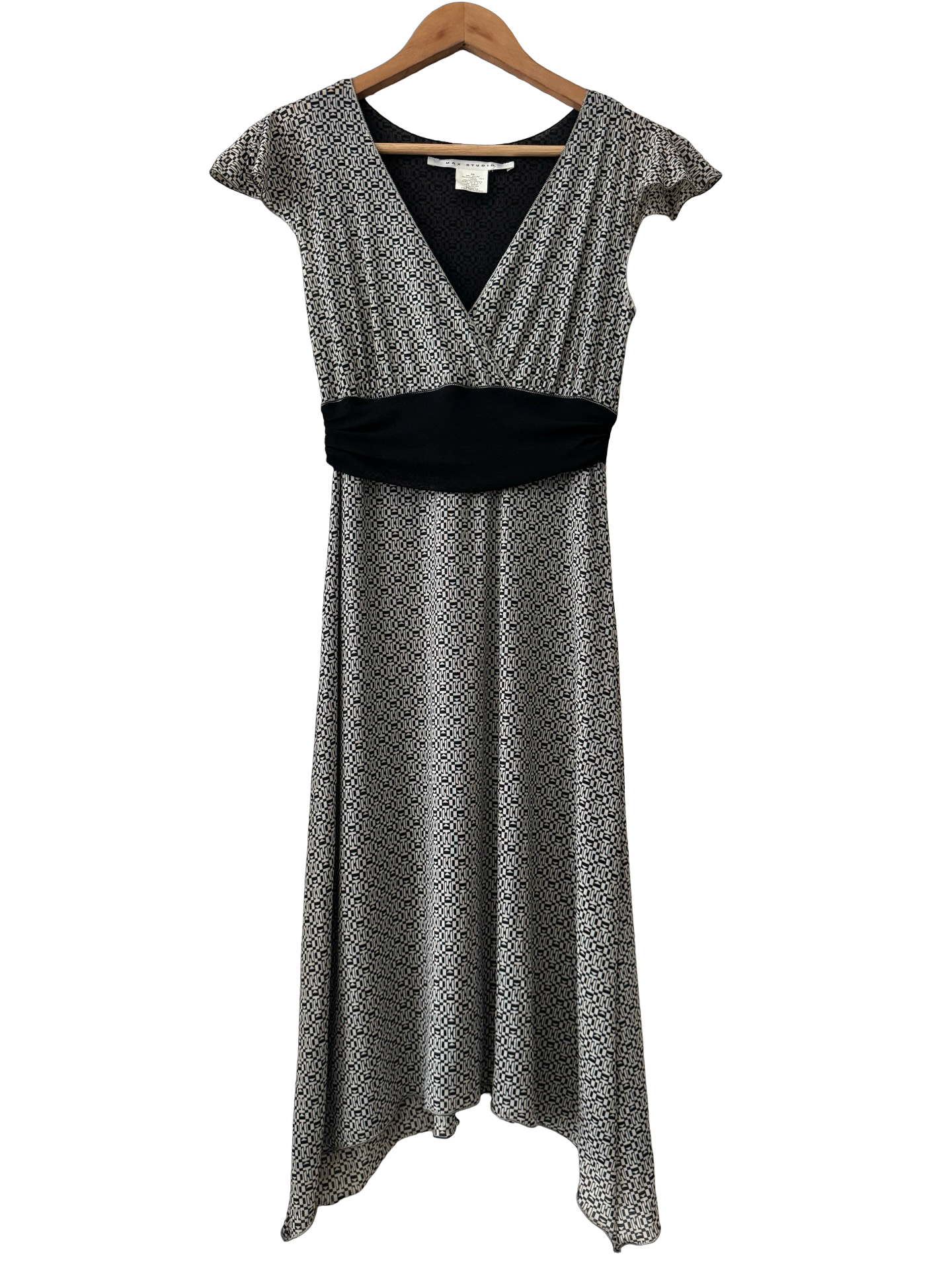 Vintage Y2K Black & Ivory Geometric Wrap Midi Dress (S/M)