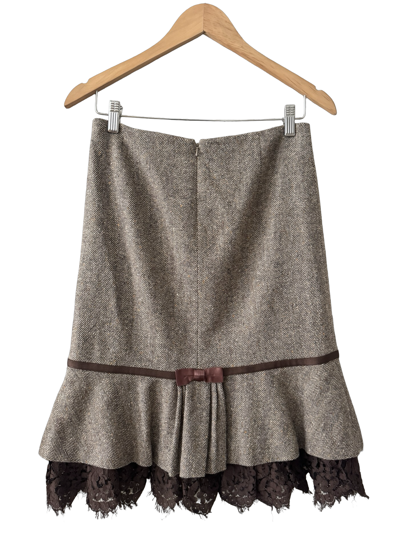 Vintage 90s Rebecca Taylor Herringbone Lace Trim Midi Skirt (S)