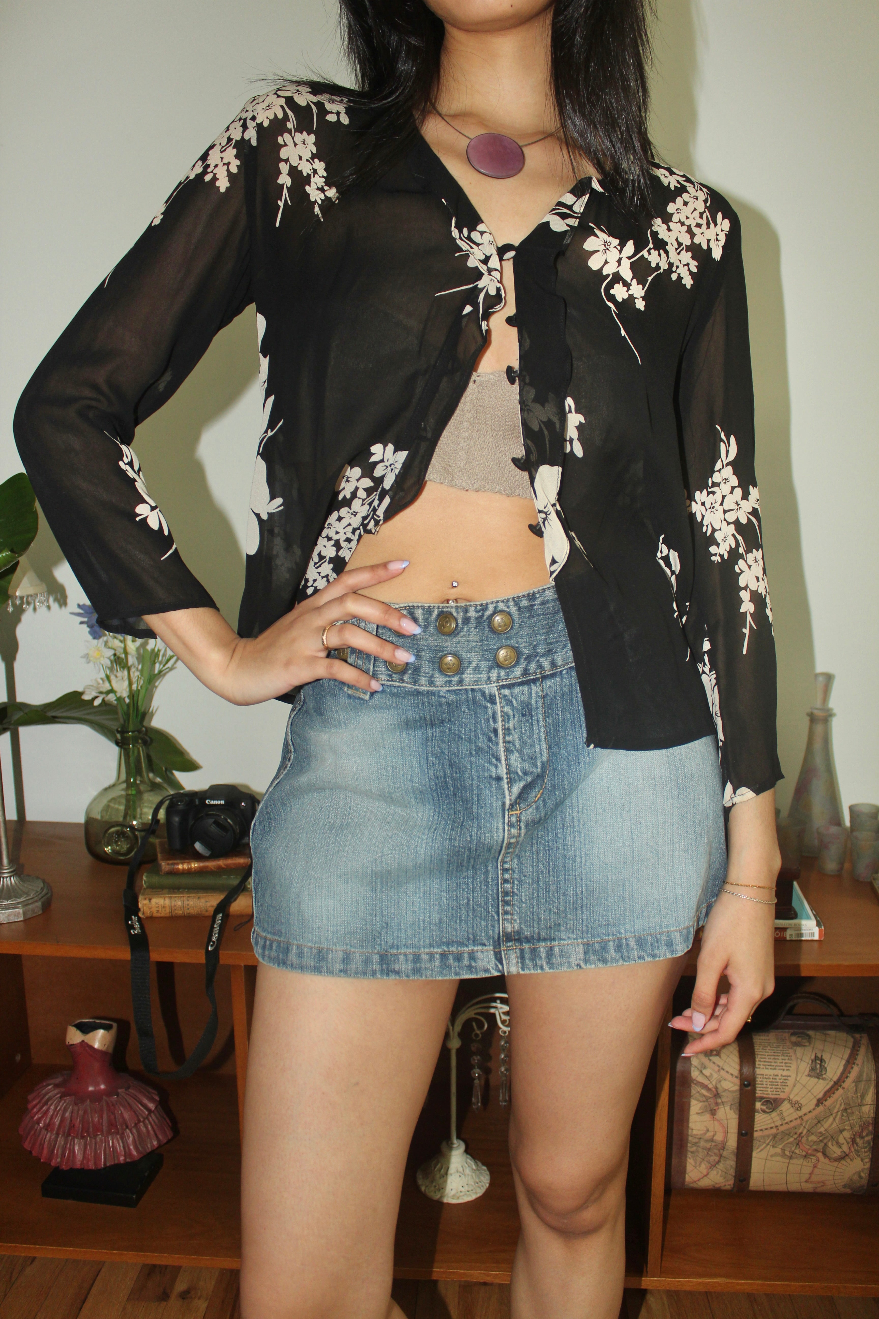 Vintage 90s Noir Bloom Sheer Blouse (S/M)