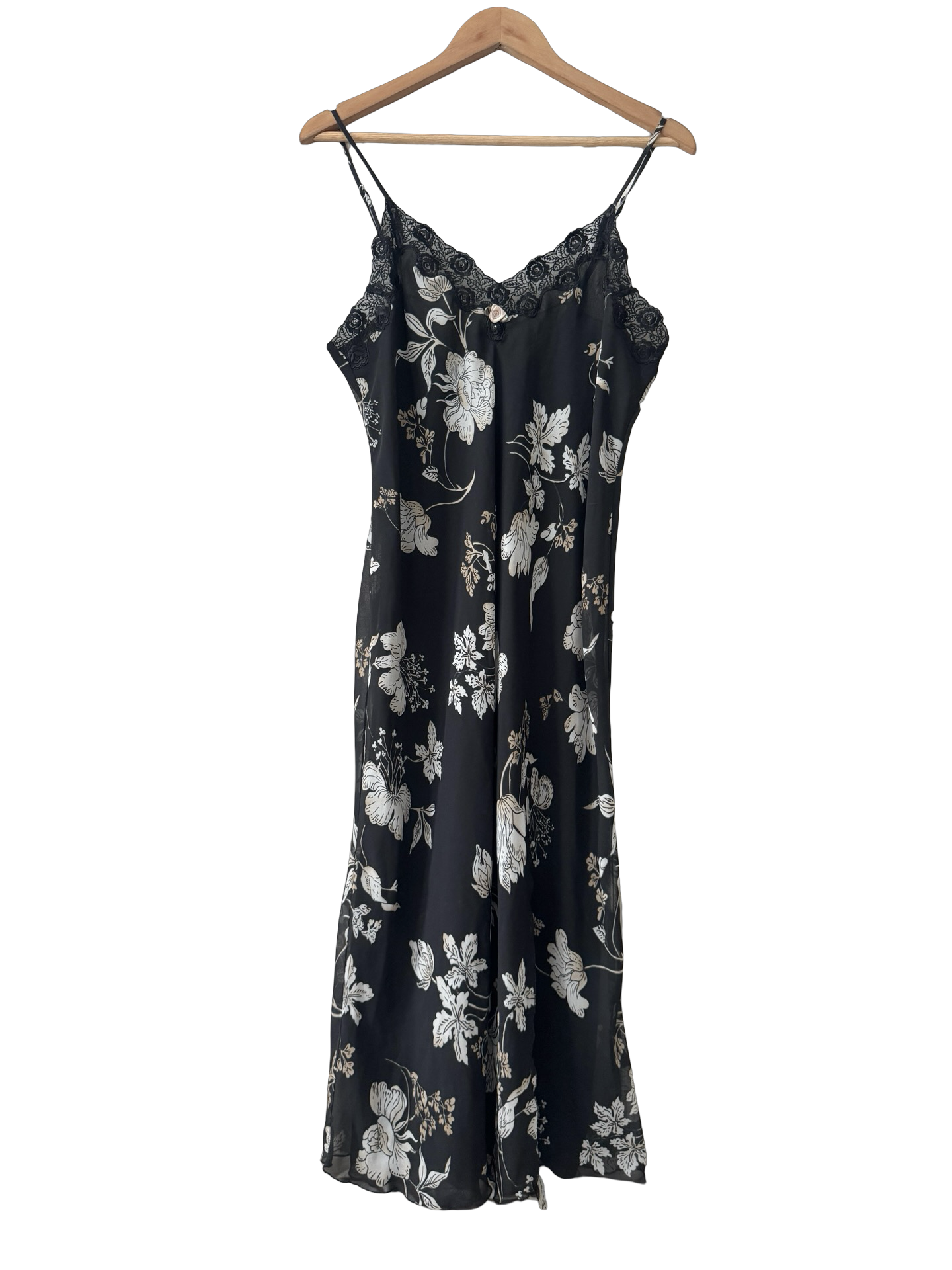 Vintage 90s Midnight Botanical Lace Slip Dress (M)