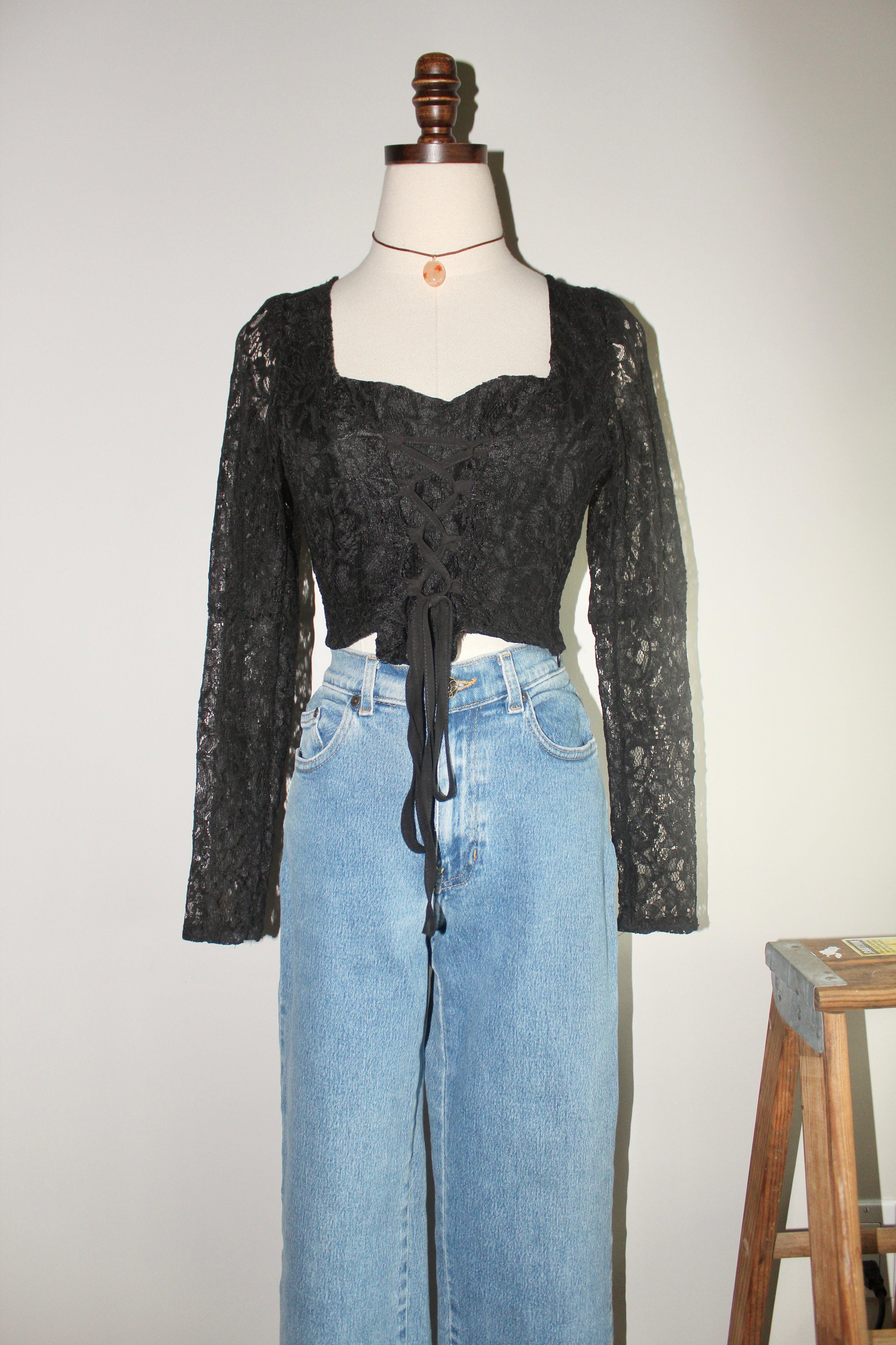 Vintage Sheer Lace Up Blouse (S)