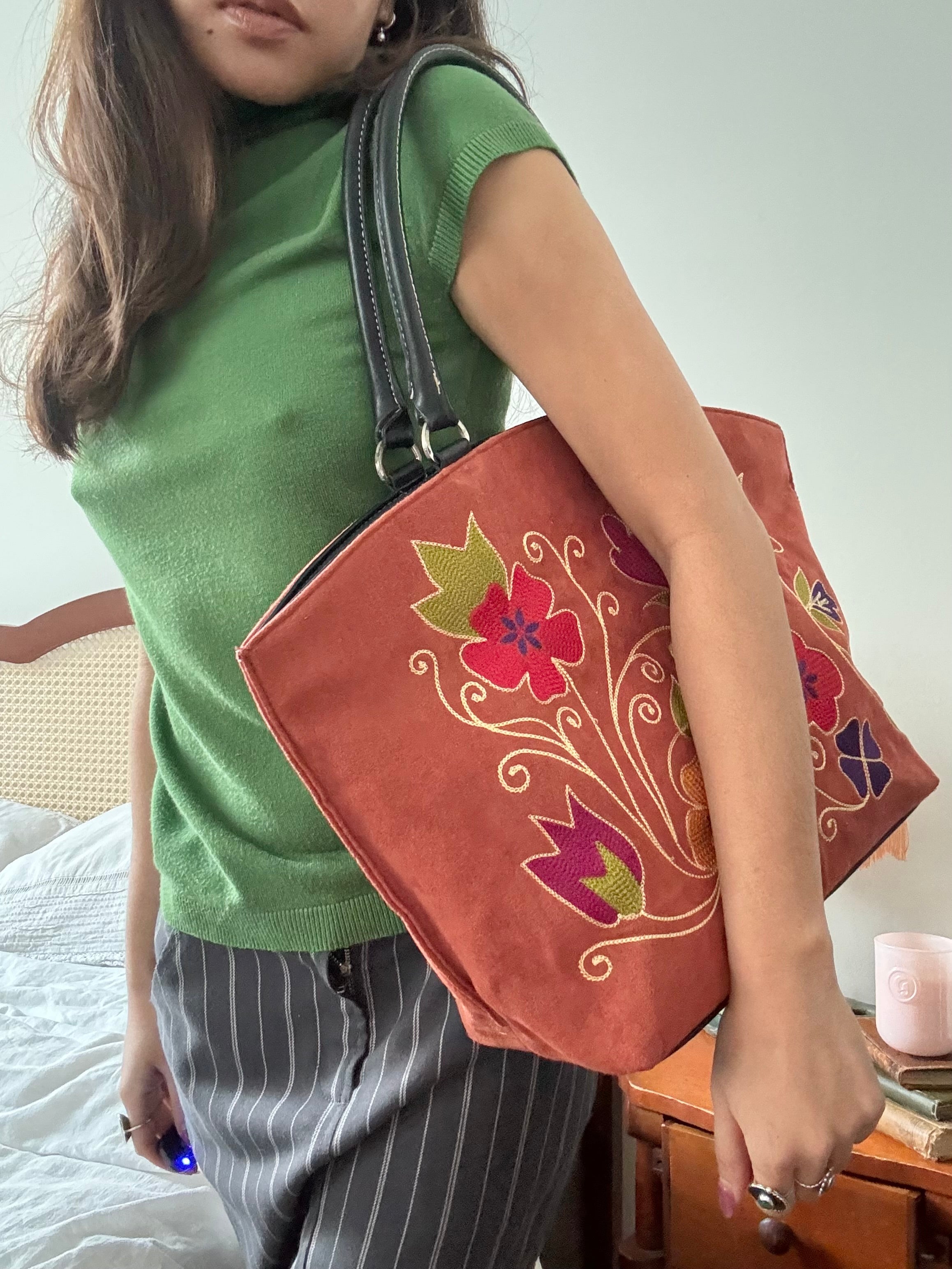 Vintage Embroidered Rust Floral Shoulder Bag