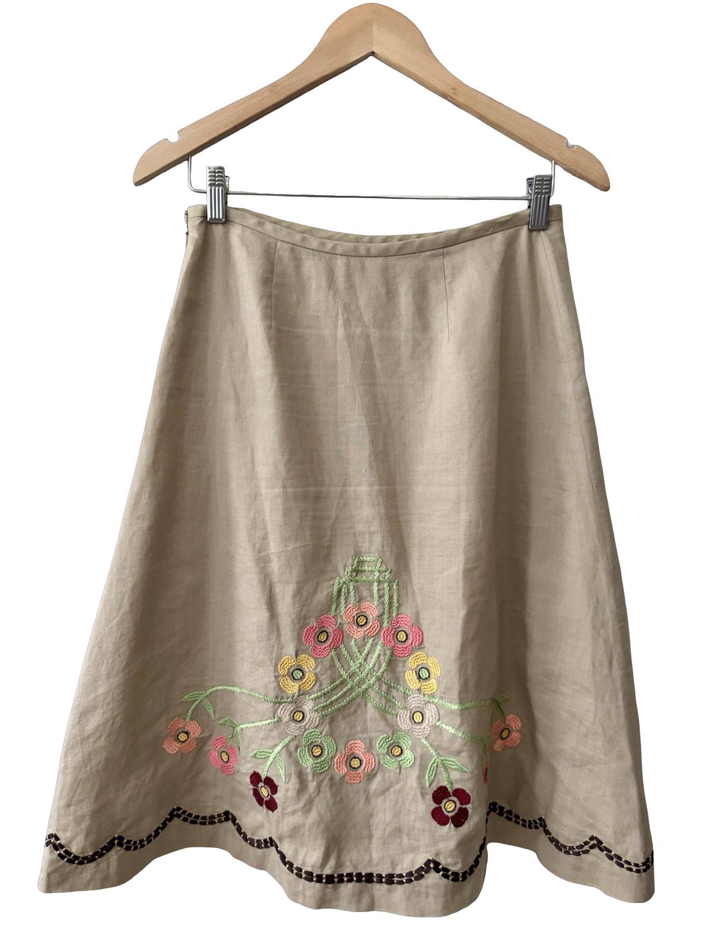 Vintage Embroidered Linen Floral A-Line Midi Skirt (S/M)