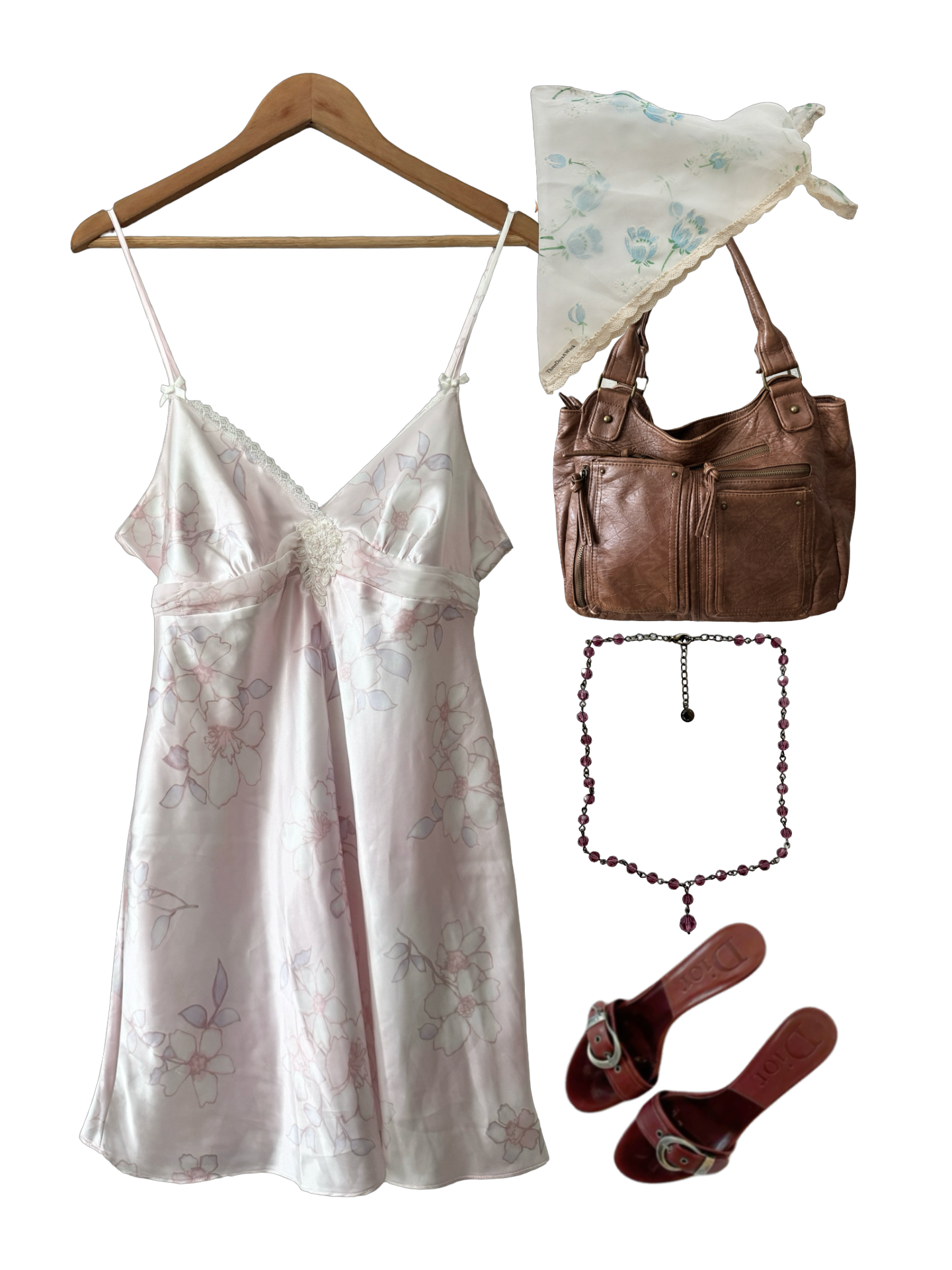 Vintage Y2K Blush Floral Beaded Slip Tie Dress (L)