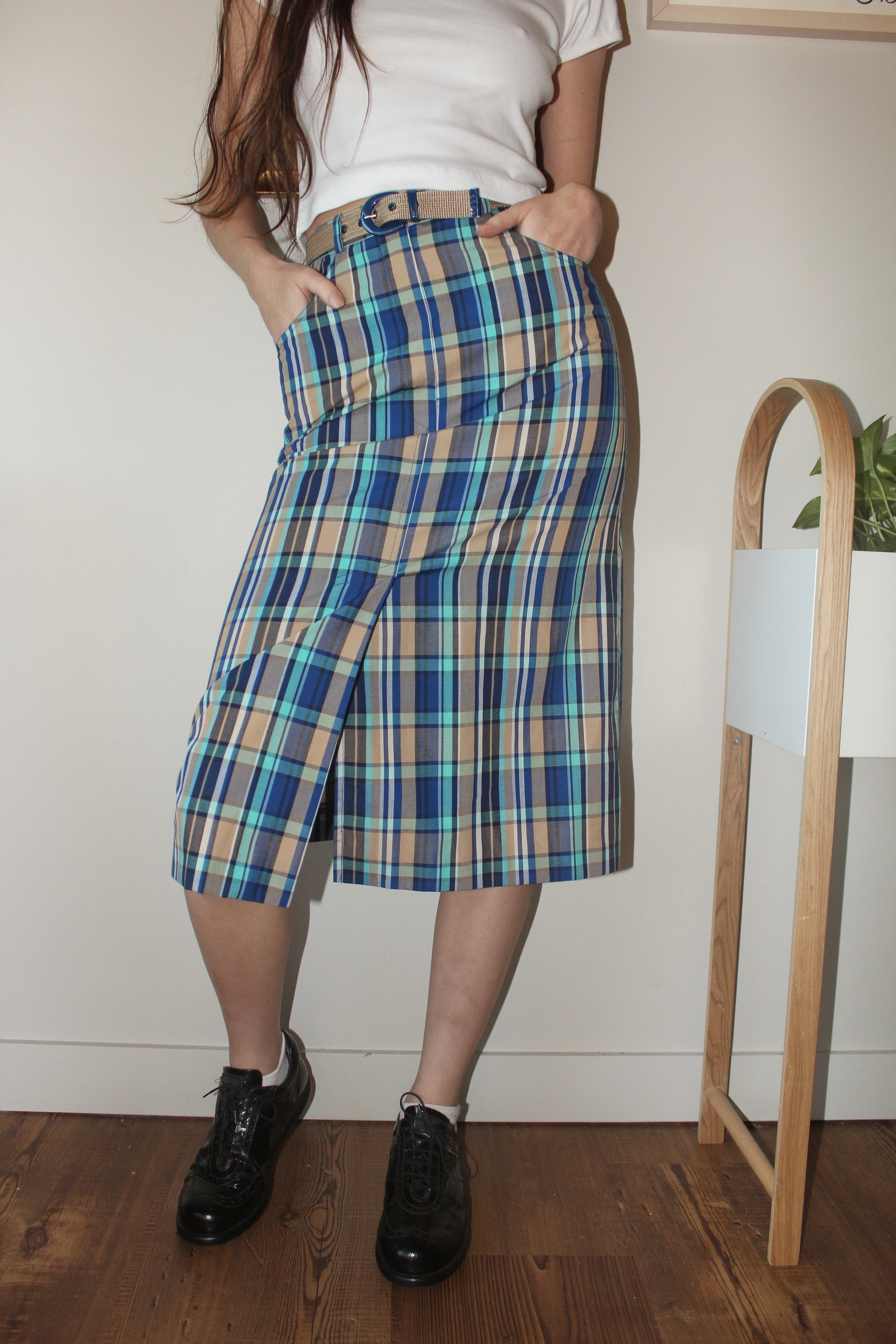 Vintage 70s Belted Plaid Highwaisted Midi Skirt (XS/S)