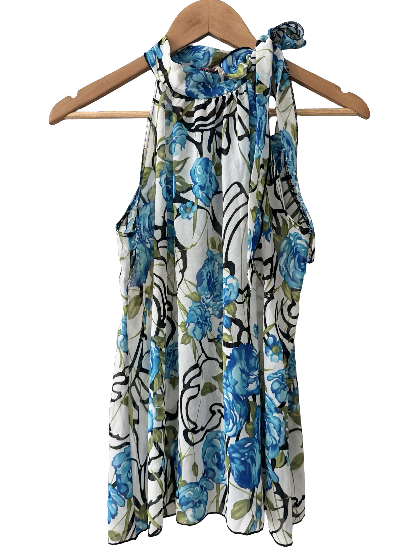 Vintage 90s Blue Floral Tie Neck Blouse (M)