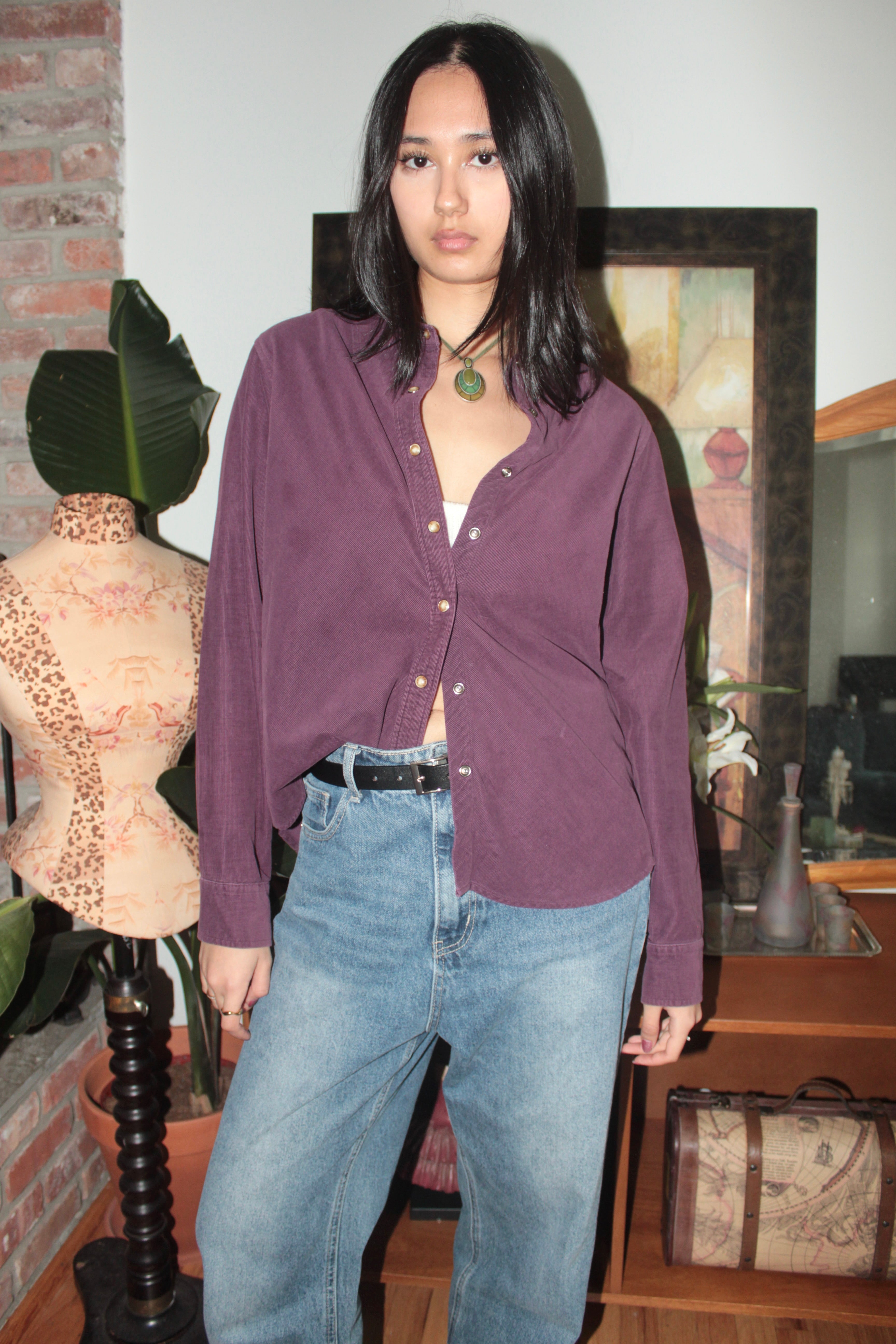 Vintage 90s Plum Corduroy Button Up (M)