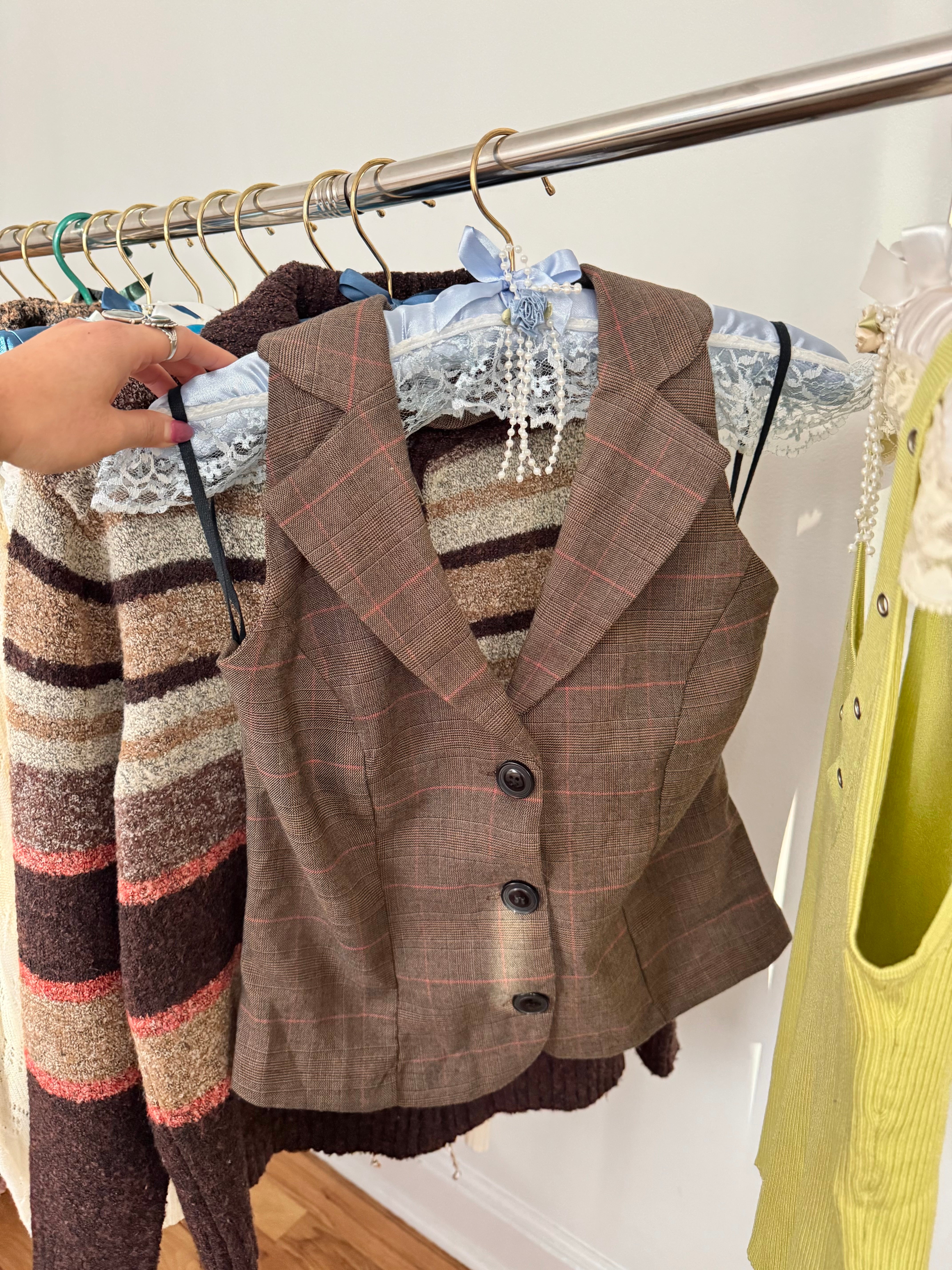 Vintage 90s Brown Plaid Tailored Halter Vest Top (S)