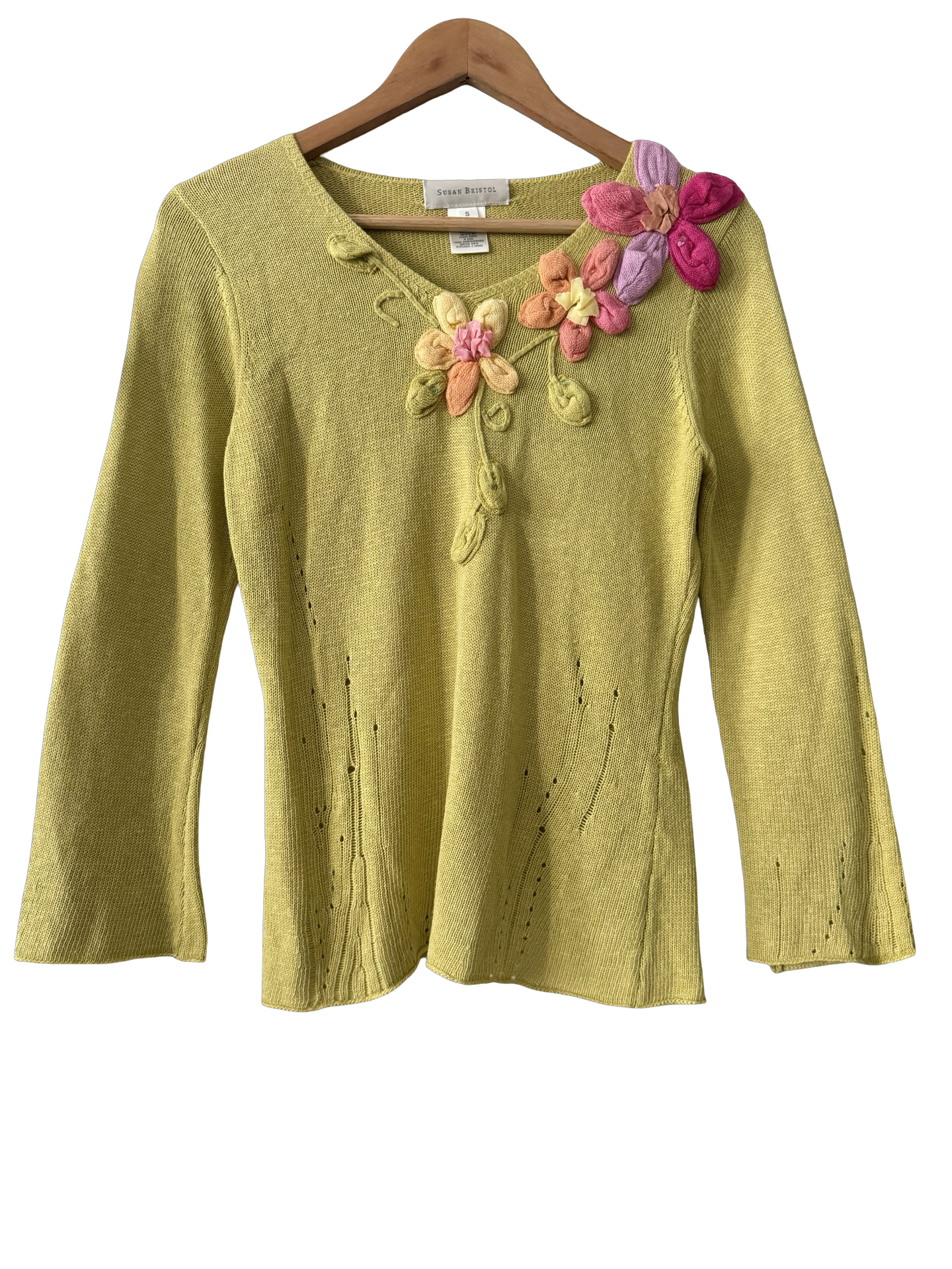 Vintage Y2K Flower Child Chartreuse Appliqué Knit Sweater (S/M)