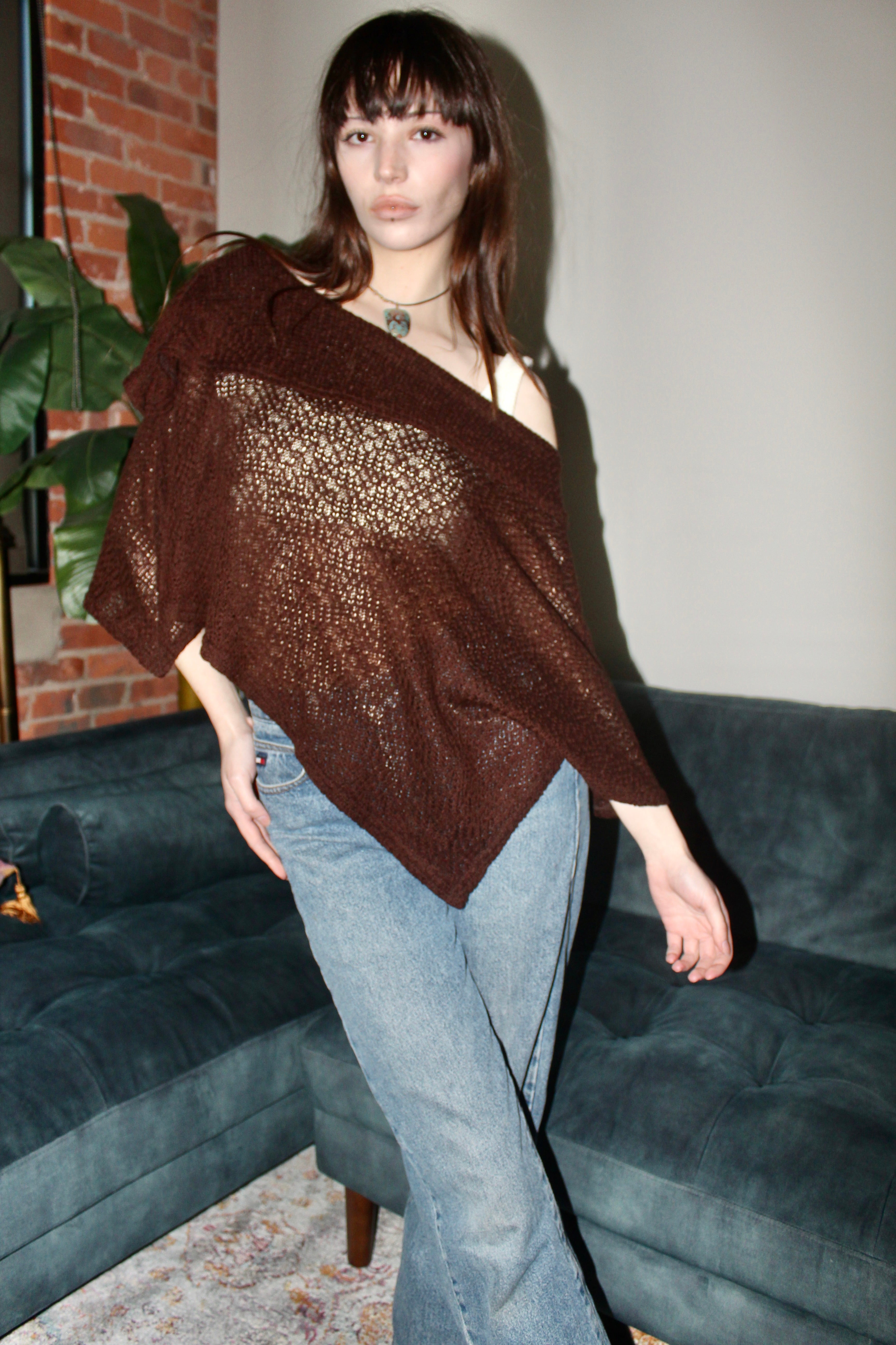 Vintage 90s Sheer Chocolate Poncho Knit (One size)