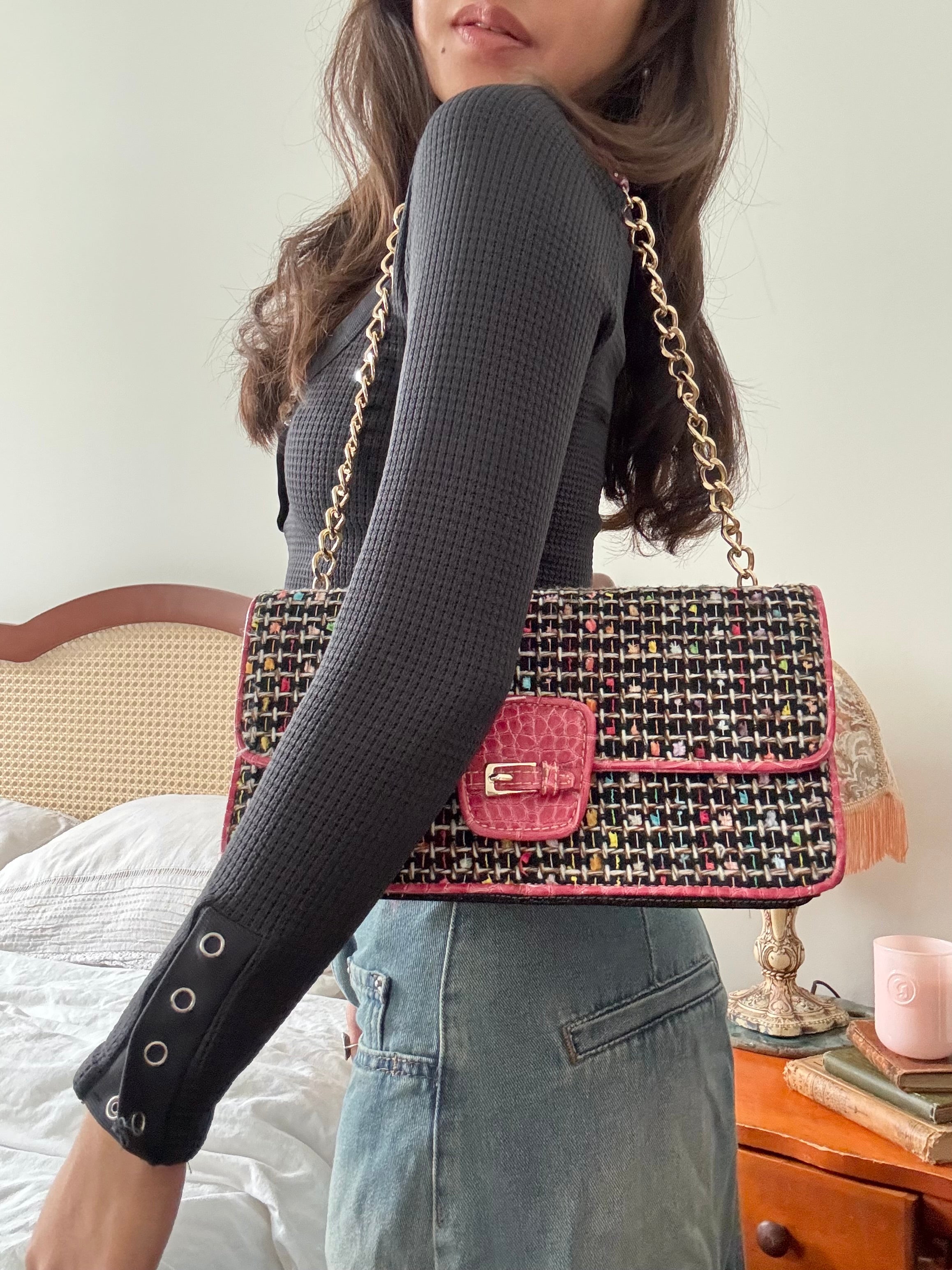 Vintage Tweed Chain Strap Statement Shoulder Bag