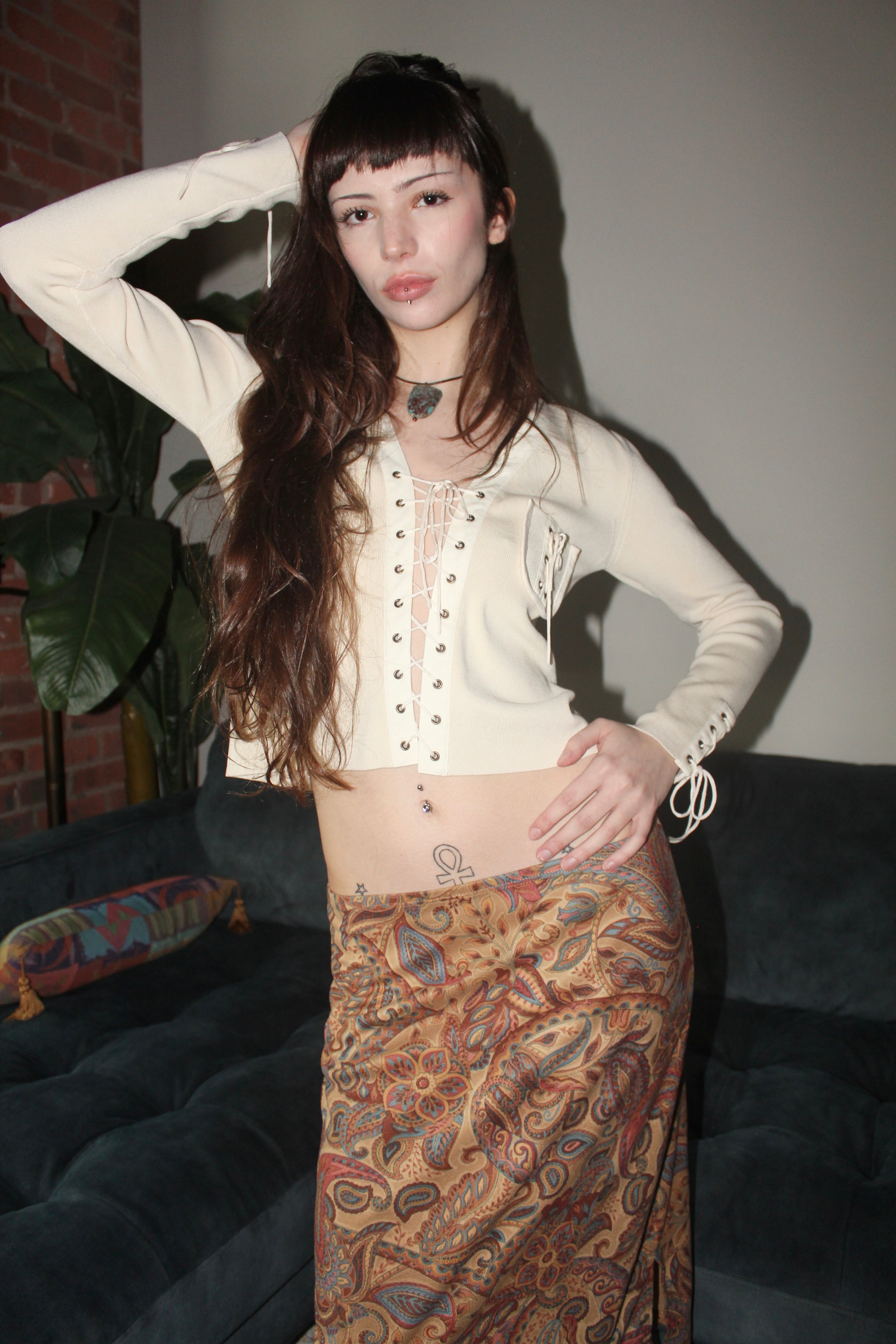 Vintage 90s Lace Up Cropped Knit Top (S)