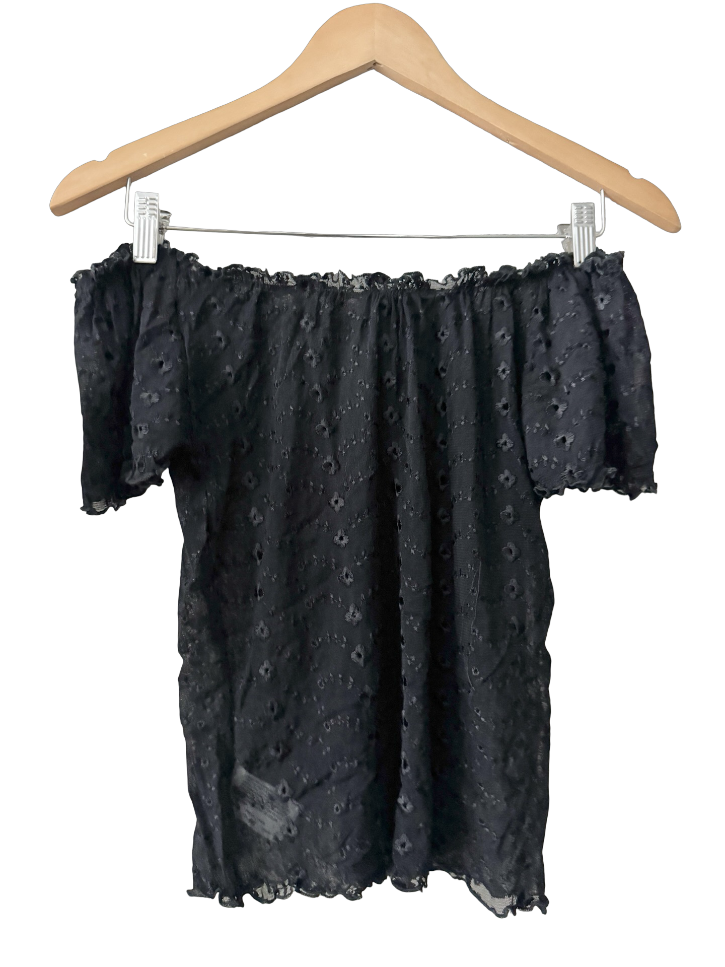 Vintage 90s Midnight Garden Sheer Off-Shoulder Top (S)