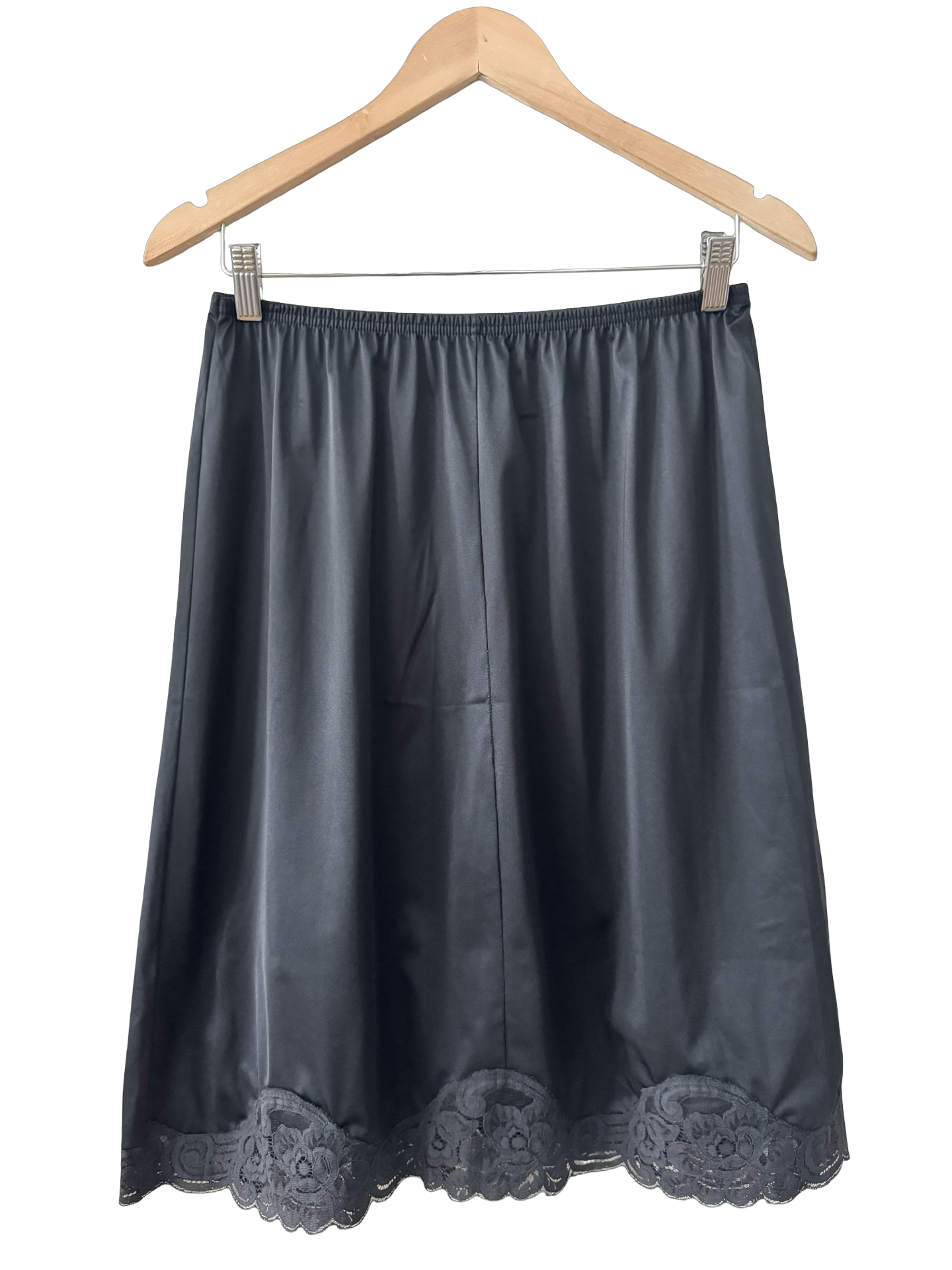 Vintage 90s Black Satin Lace Midi Skirt (M/L)