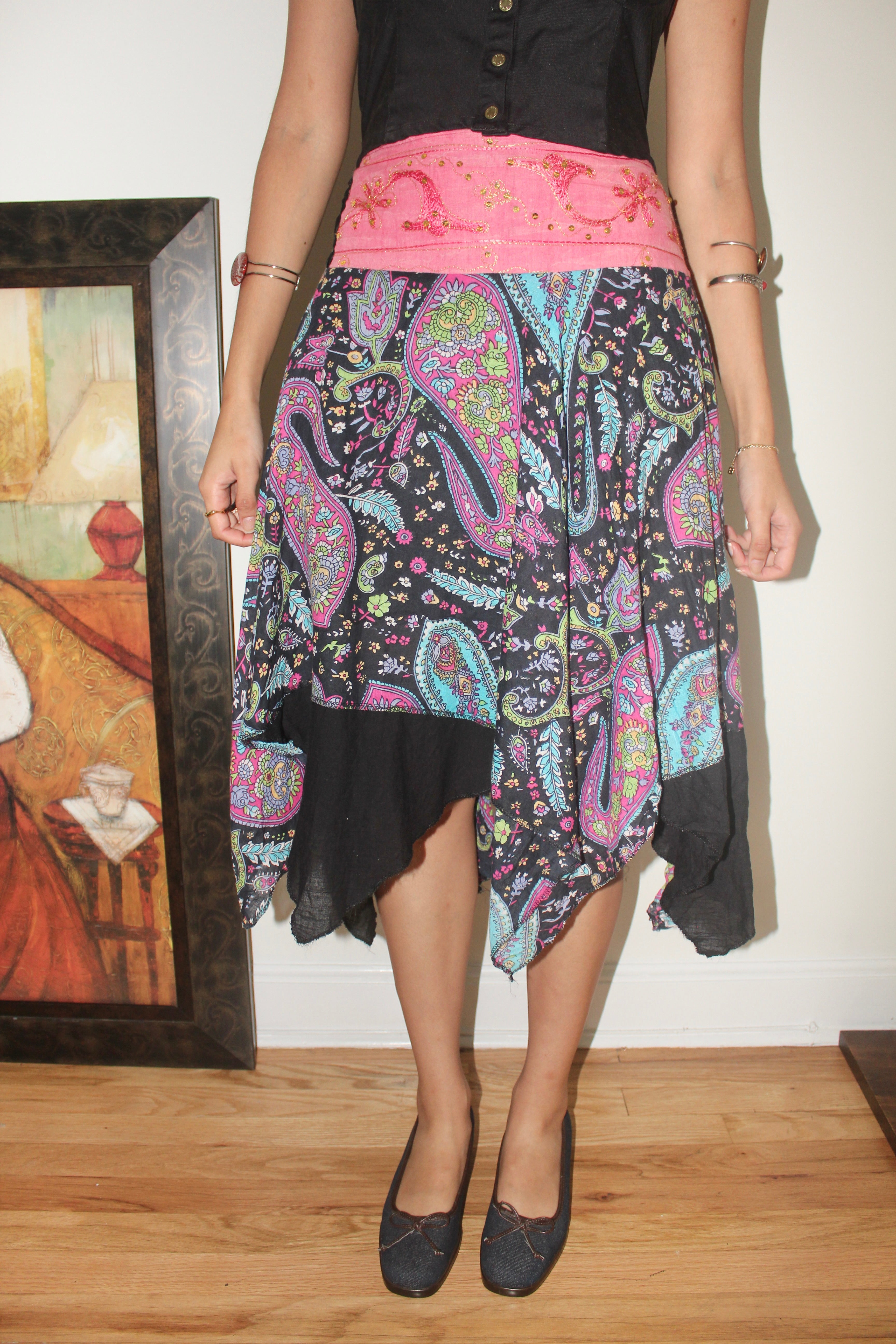 Vintage 90s Boho Beaded Handkerchief Midi Skirt (S)