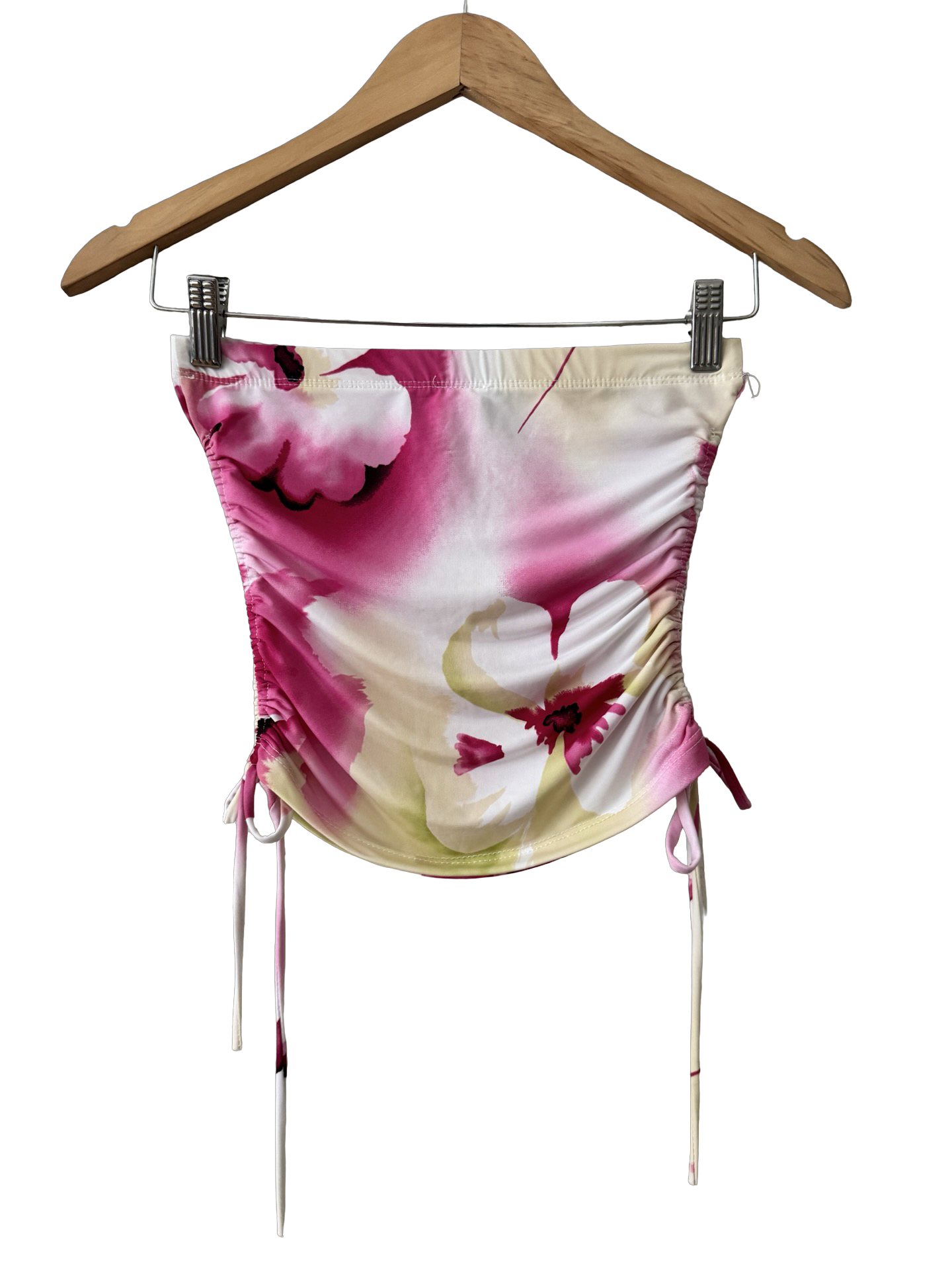 Vintage 90s Pink Hibiscus Ruched Tube Top (XS)