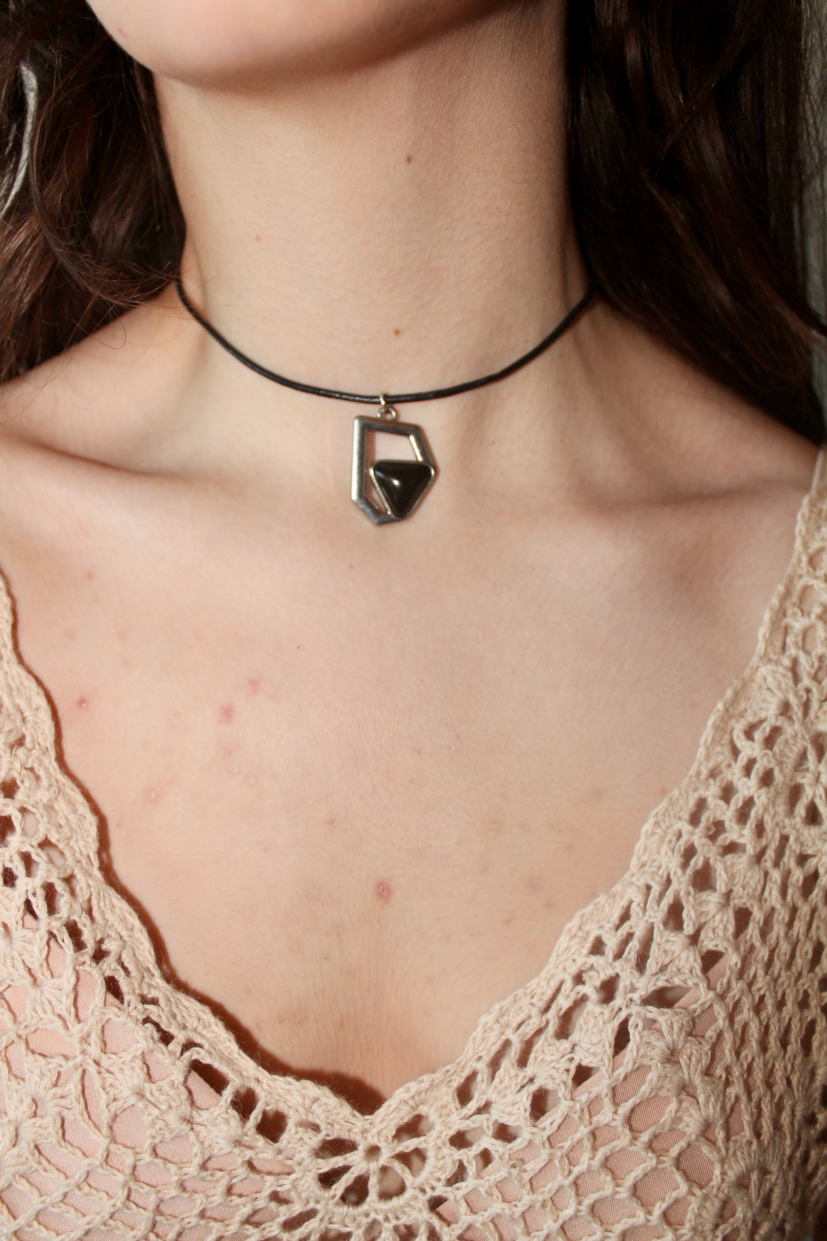 Abstract Pendant Leather Choker