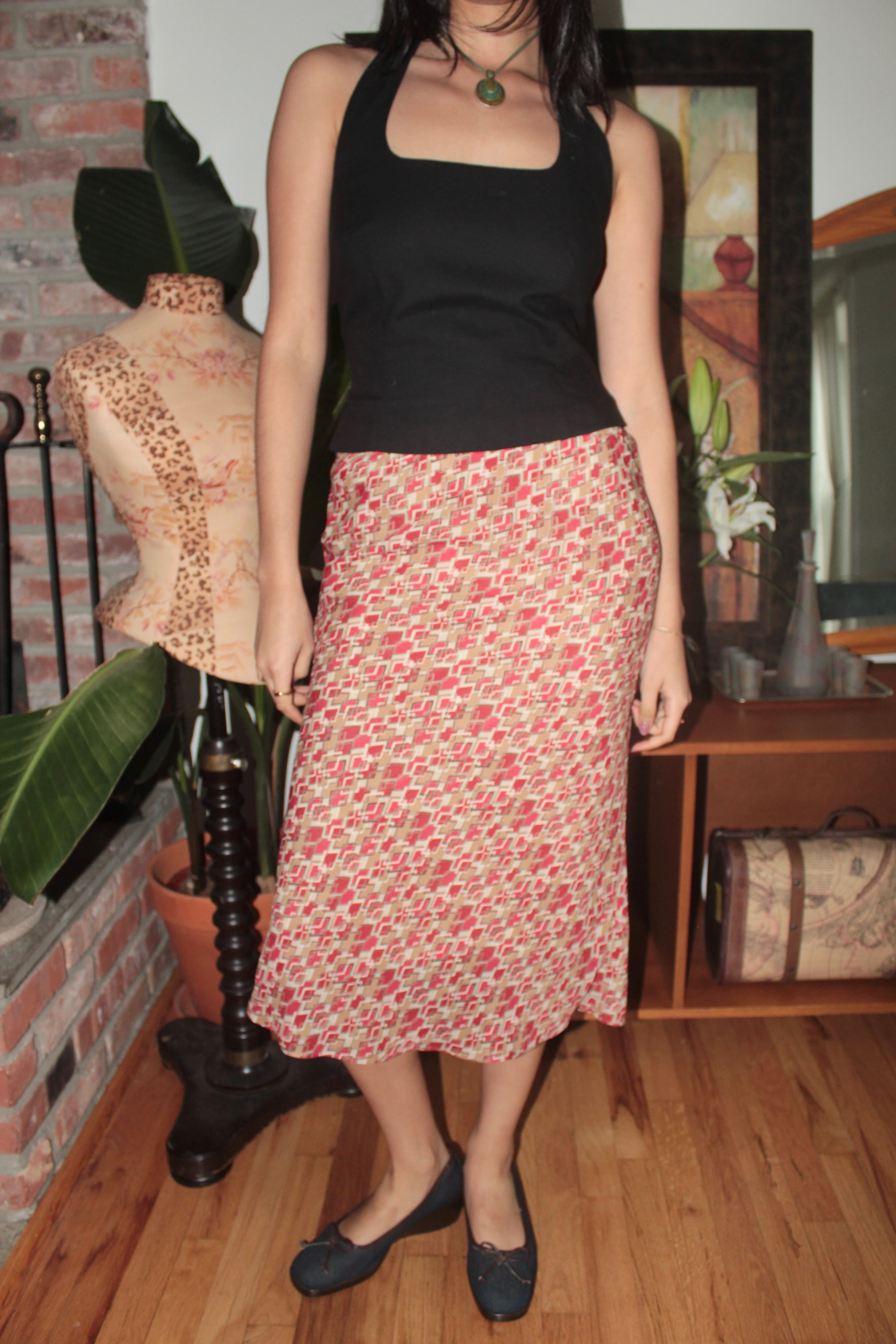 Vintage 90s Pink & Tan Geometric Midi Skirt (S)