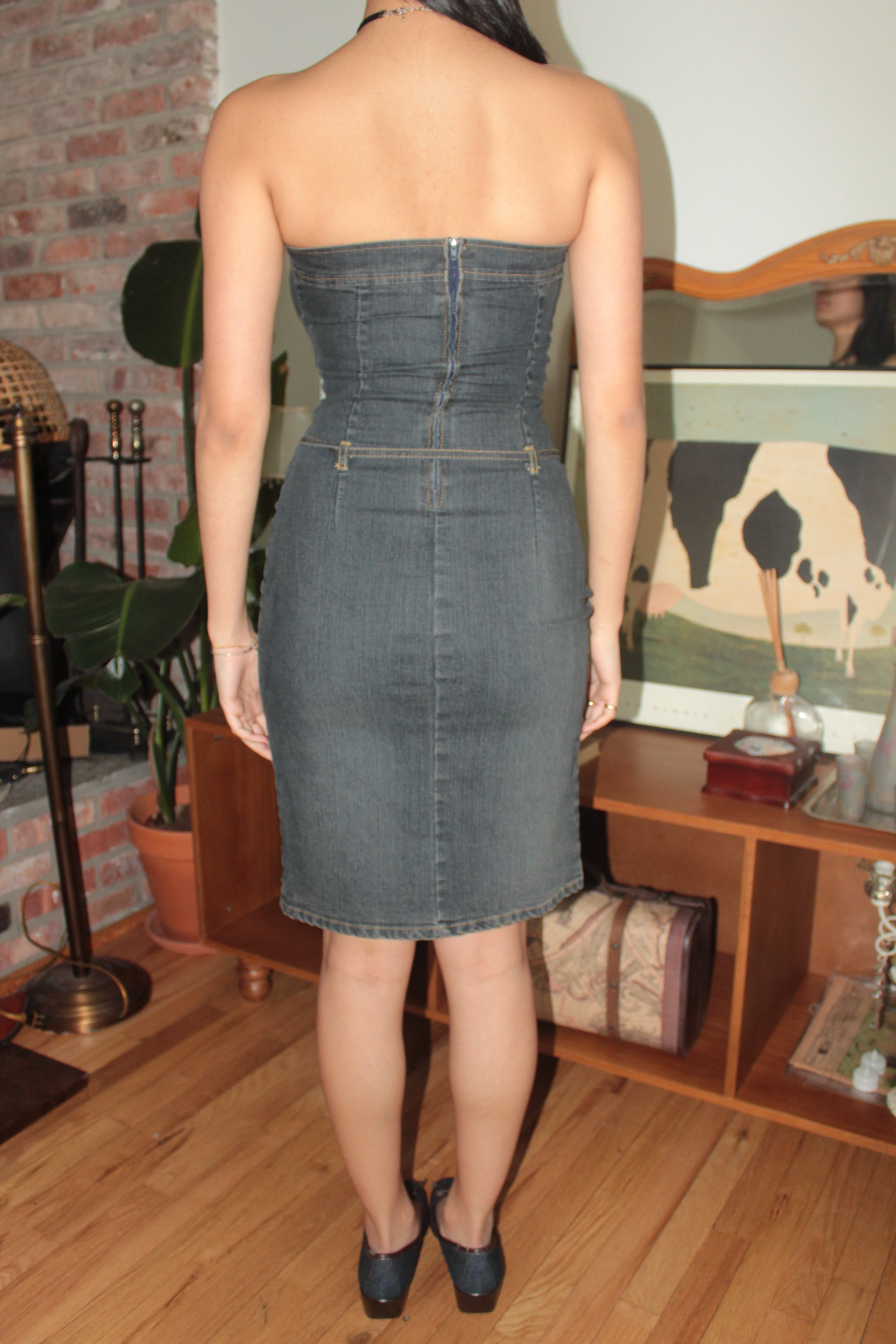 Vintage Y2K Charcoal Strapless Denim Midi Dress (XS)