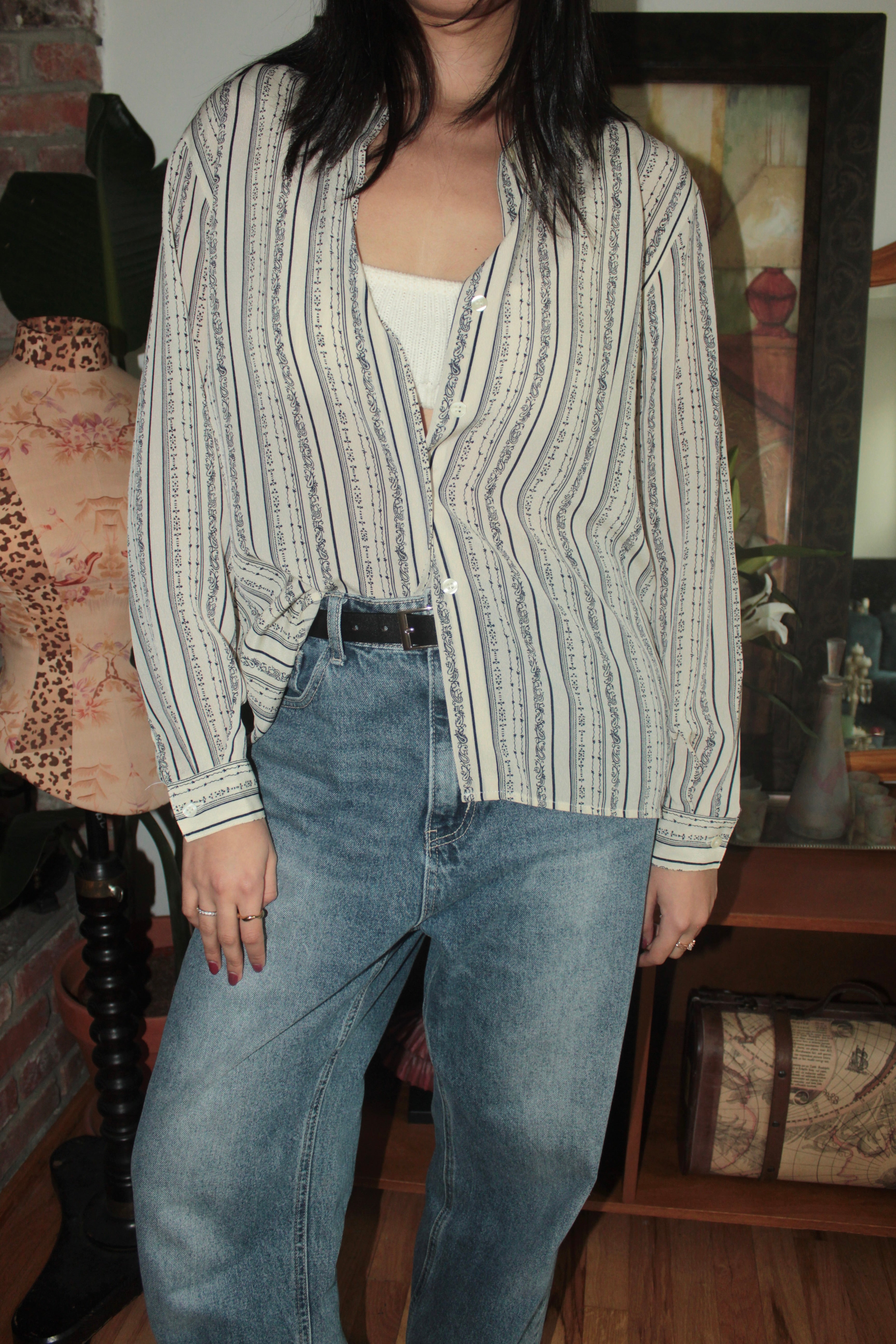 Vintage Cream & Blue Floral Striped Blouse (M)