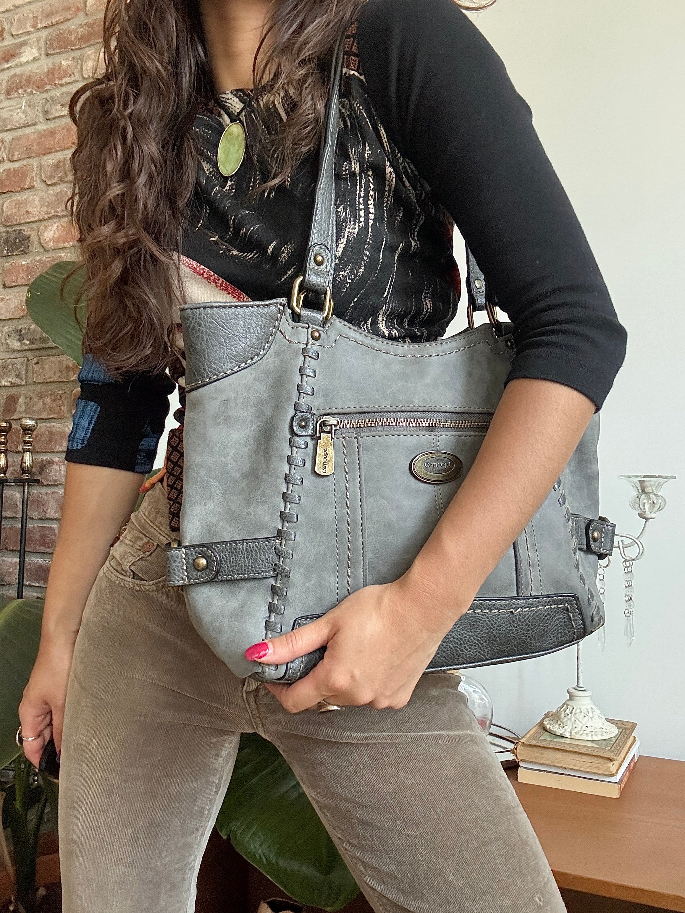 Vintage Y2K Storm Grey Whipstitch Tote